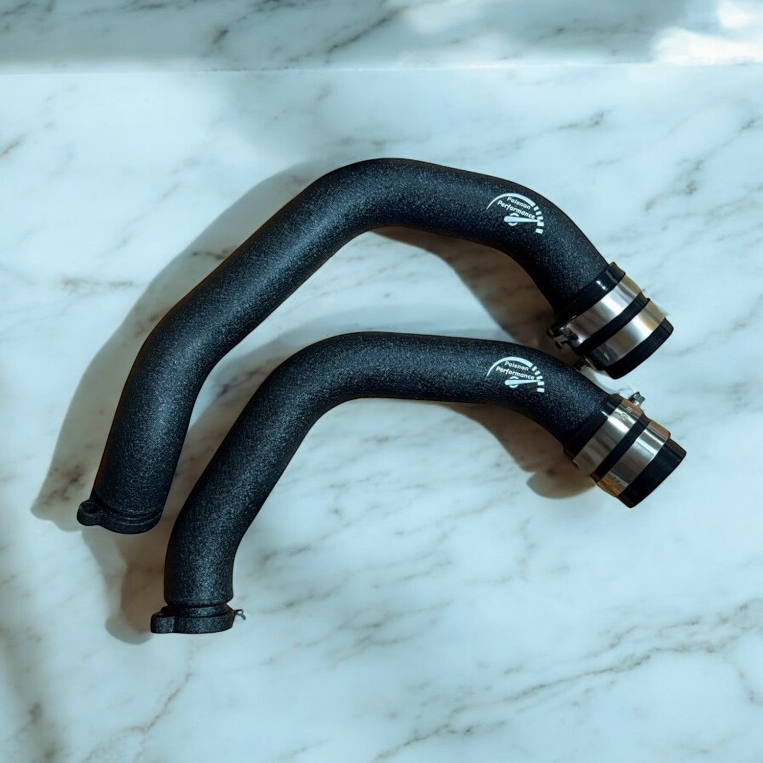 Palenon Performance aluminum charge pipes for BMW S55 engine in a durable wrinkle black powder coat finish.