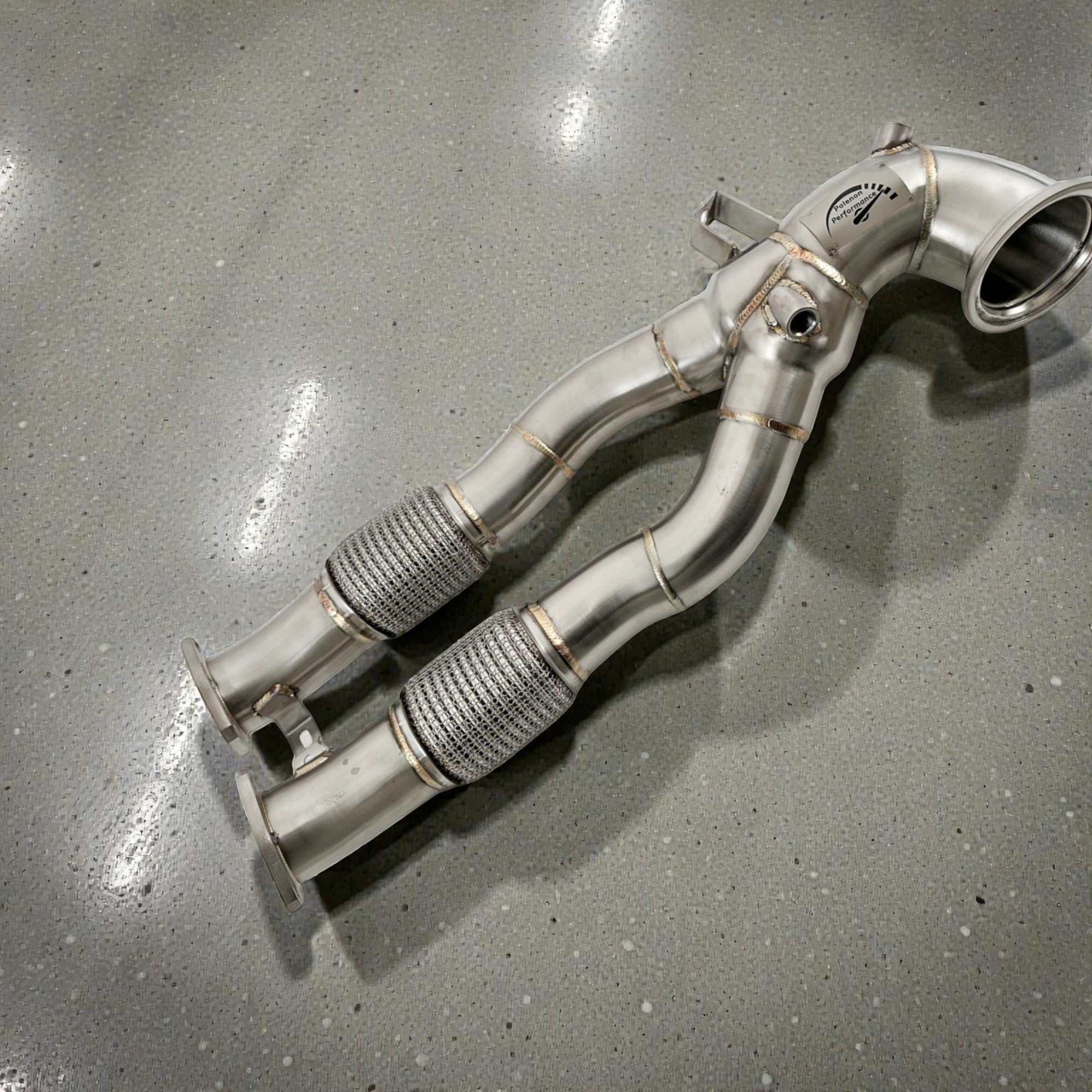 Palenon Performance 304 stainless steel race downpipe for Audi 2.5T engines featuring dual flex sections and V-band