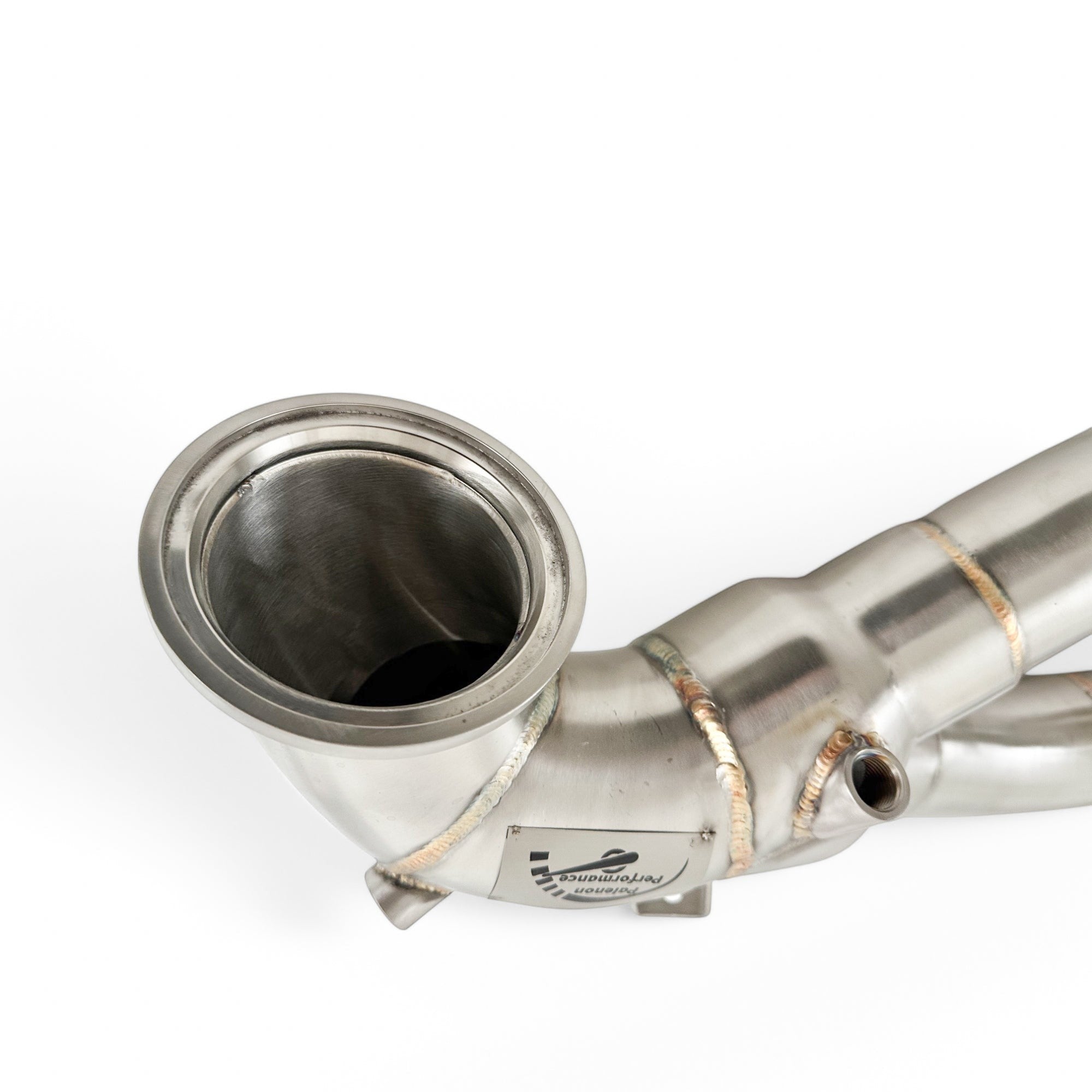 Palenon Performance stainless steel race downpipe for Audi 2.5T engines featuring precision welds and V-band flange.