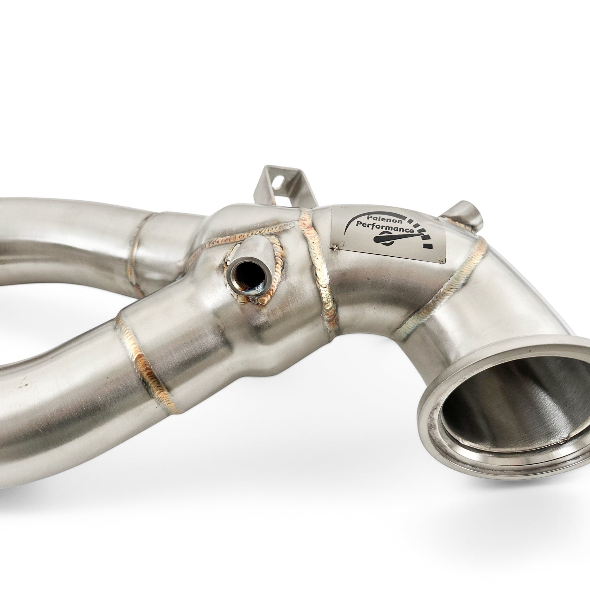Palenon Performance stainless steel race downpipe for Audi 2.5T engines featuring precision welds and O2 sensor bungs.