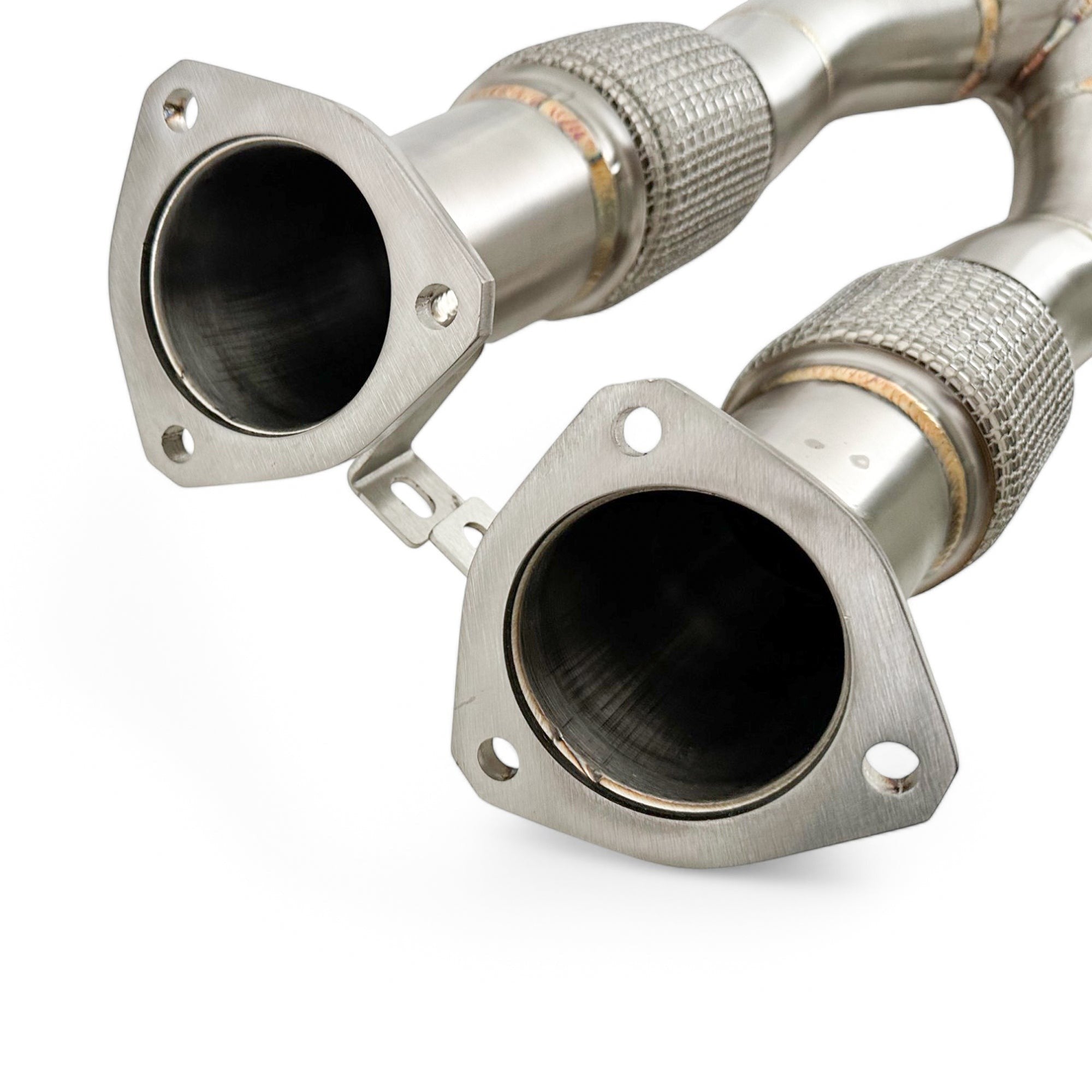 Palenon Performance stainless steel race downpipe for Audi RS3 and TTRS, showing dual outlets and flex joints