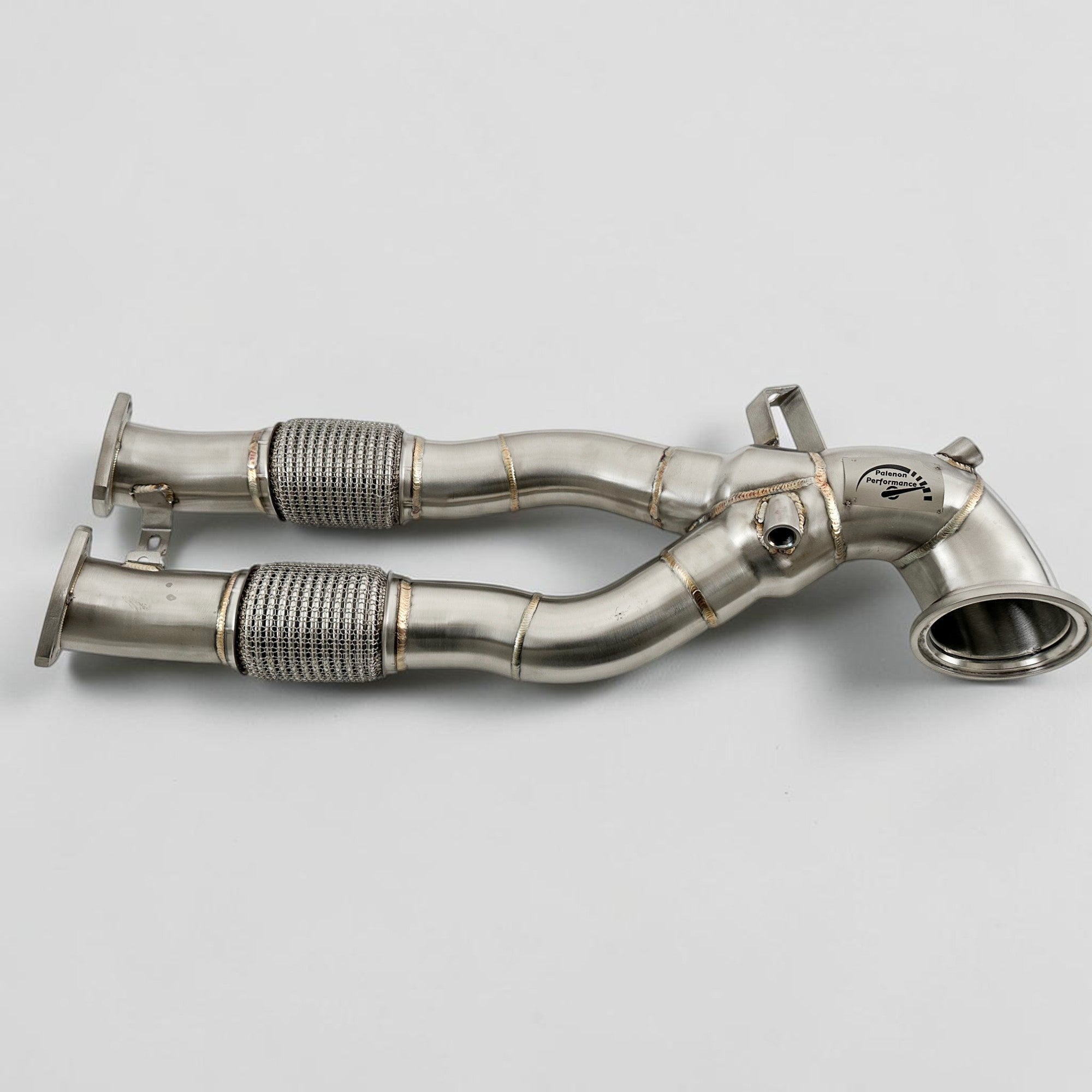Palenon Performance stainless steel race downpipe for Audi RS3 and TTRS with dual outlets and flex sections.