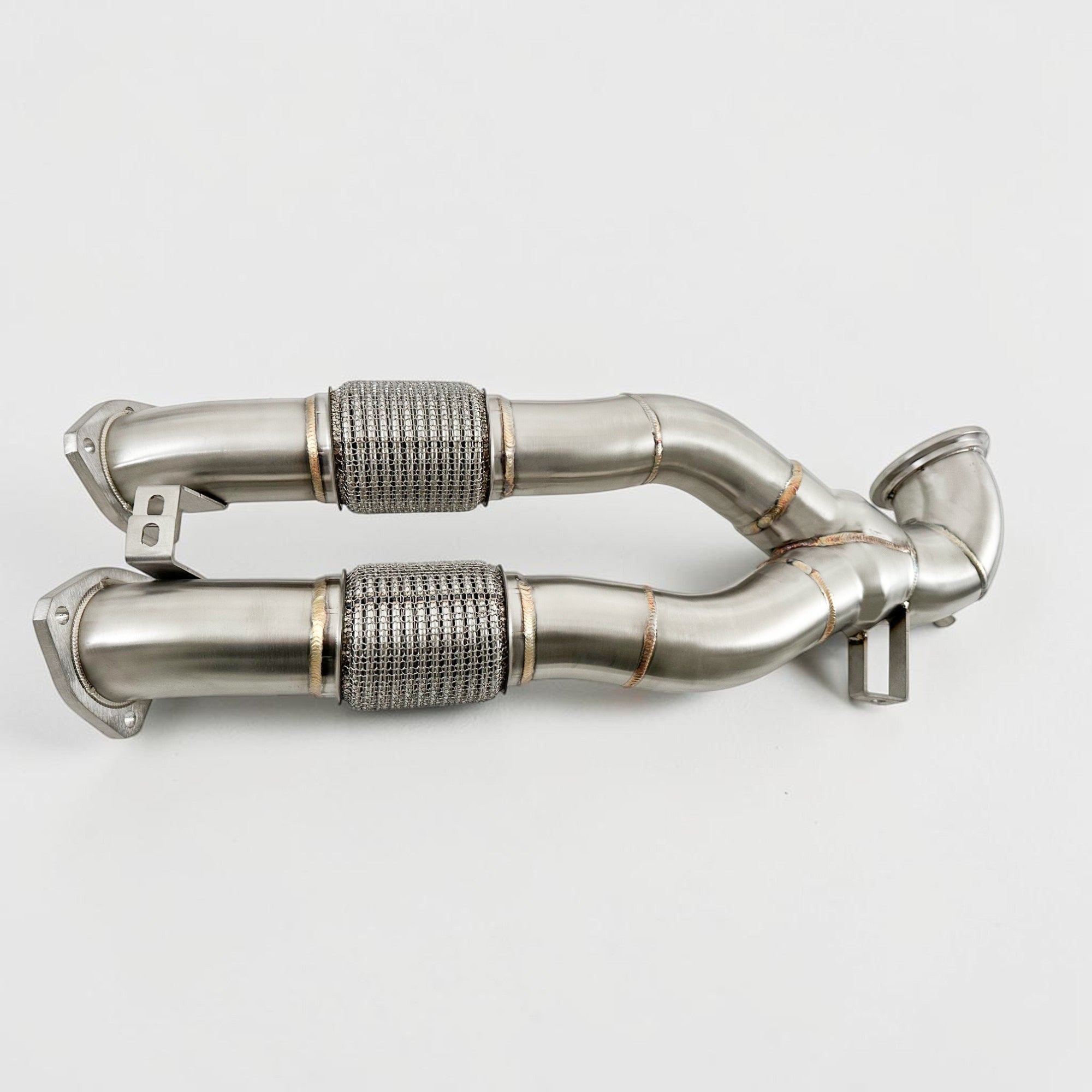 Palenon Performance stainless steel race downpipe for Audi RS3 and TTRS with dual outlets and flexible braided sections