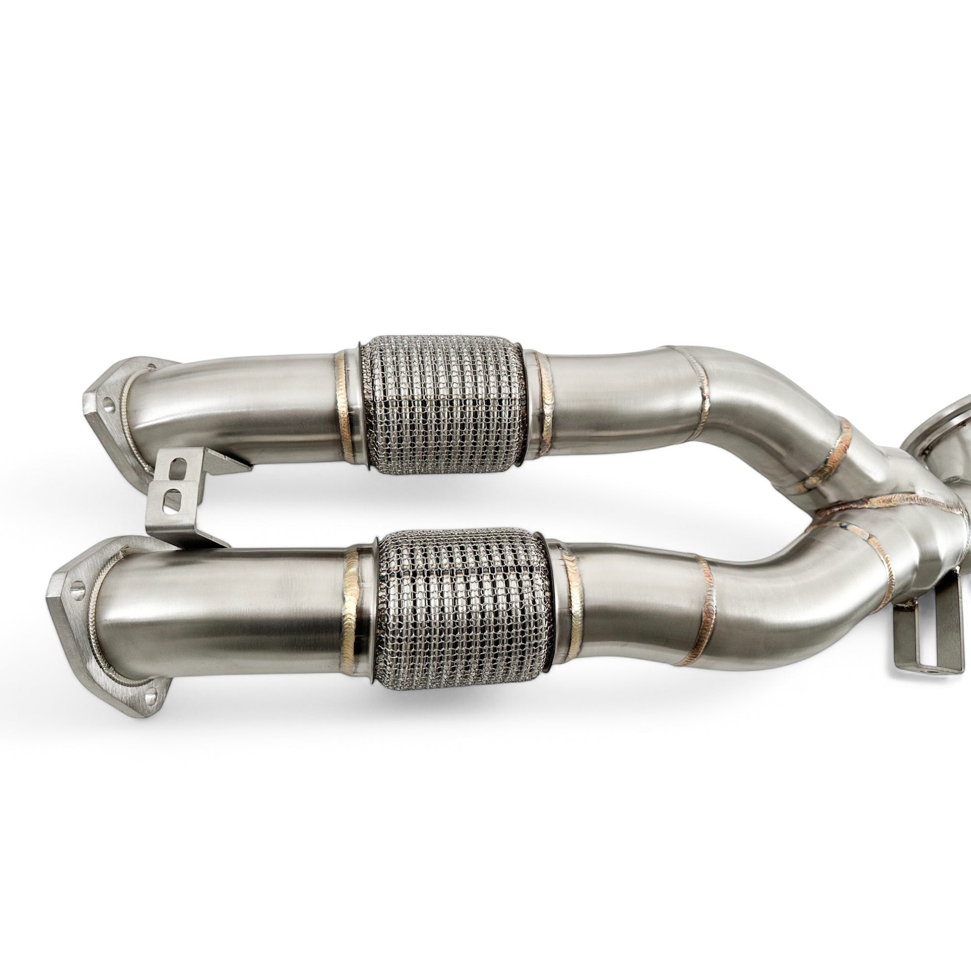 Palenon Performance stainless steel race downpipe for Audi RS3 and TTRS featuring dual outlets and flexible mesh sections