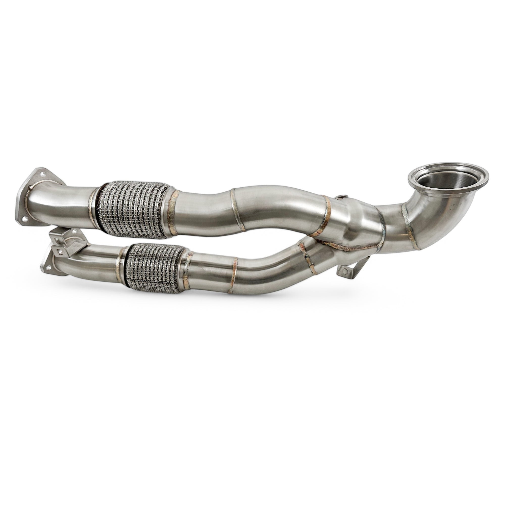 Palenon Performance stainless steel race downpipe for Audi RS3 and TTRS with dual outlets and flexible joints.
