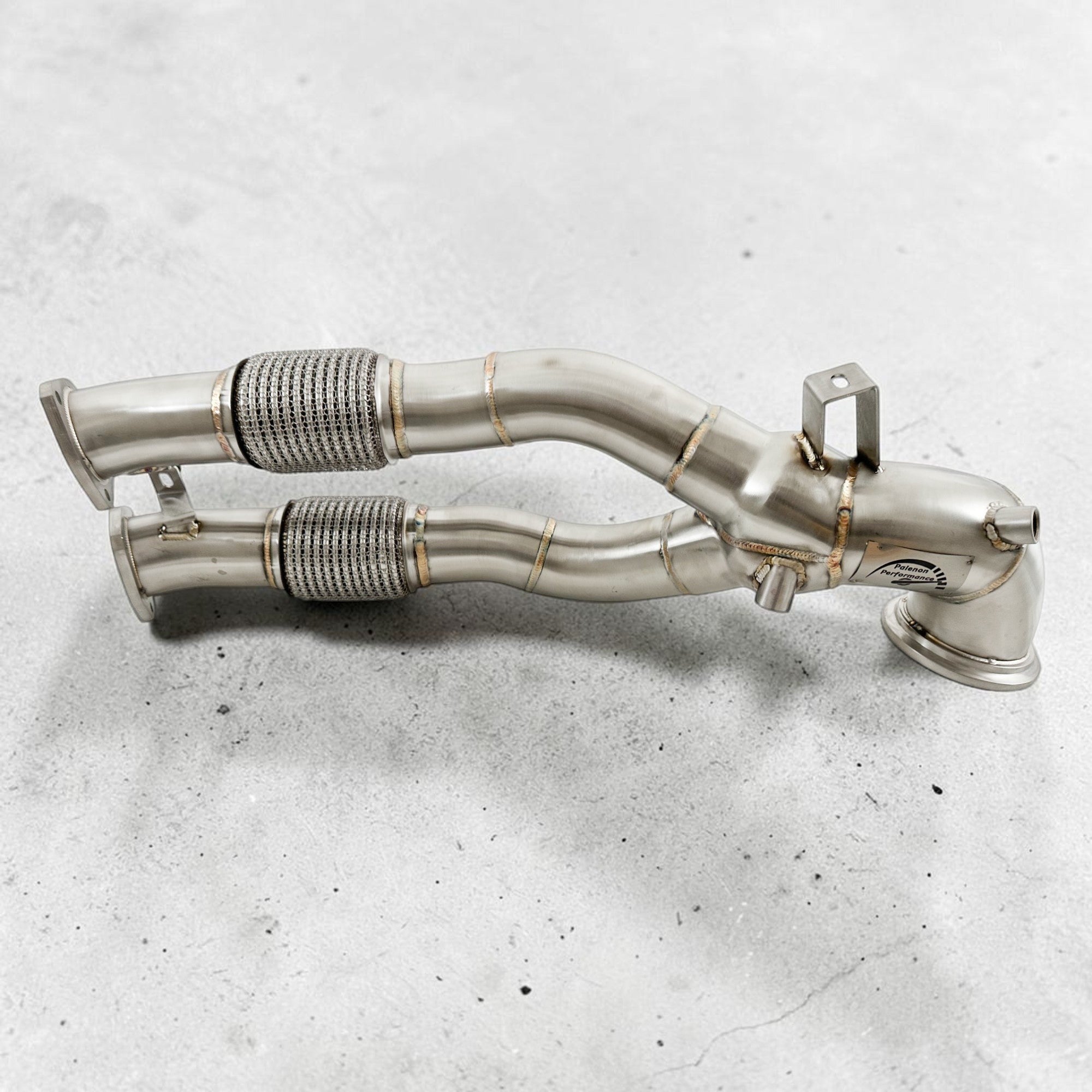 Palenon Performance stainless steel race downpipe for Audi RS3 and TTRS with dual outlets and flexible joints