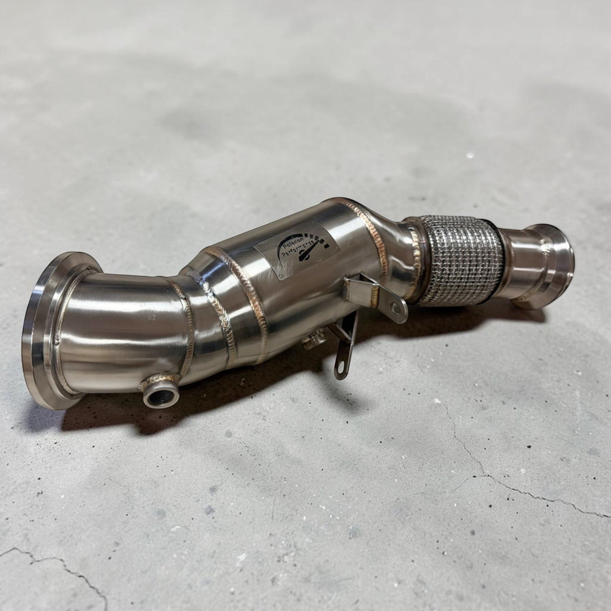 Palenon Performance stainless steel racing downpipe for BMW B46 B48 engines with TIG-welded construction.