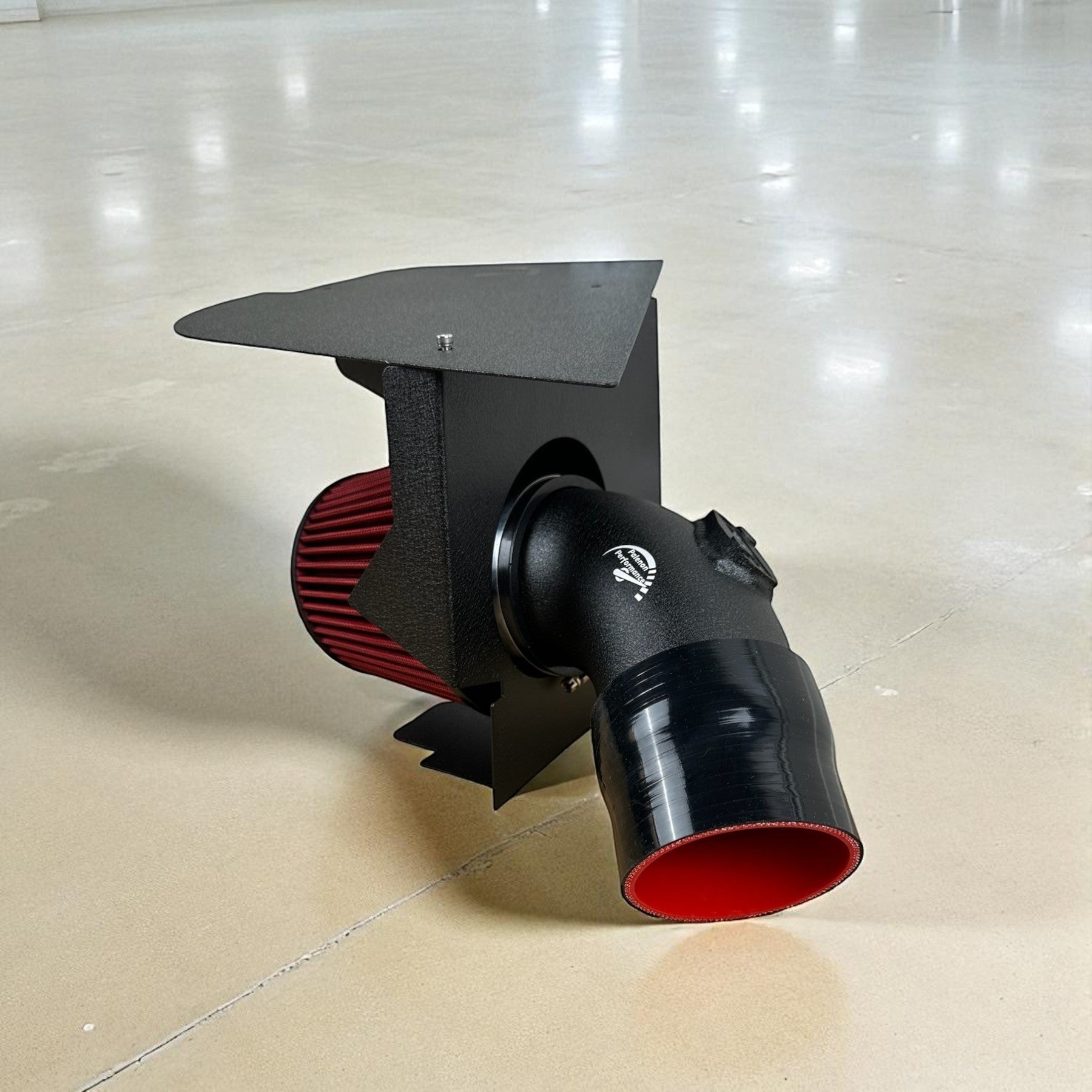 Palenon Performance B58 cold air intake system with black aluminum pipe, red high-flow filter, and turbo heat shield.
