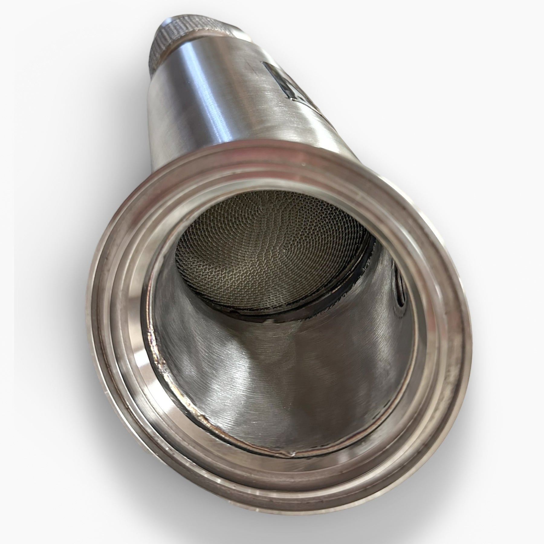 Palenon Performance 4.5-inch stainless steel B58 racing downpipe showing internal high-flow catalytic converter structure