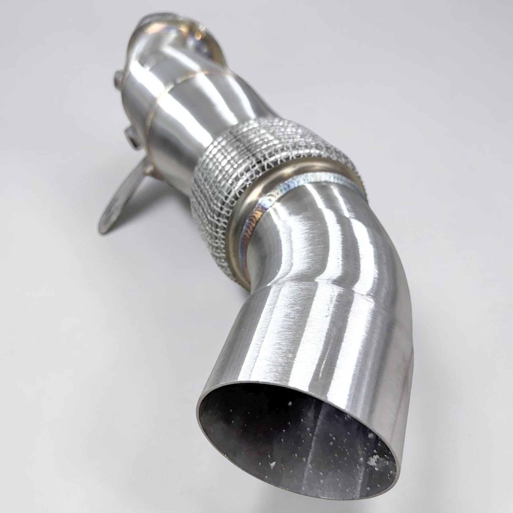 Palenon Performance 4.5-inch stainless steel racing downpipe for BMW B58 engines with flexible braided section
