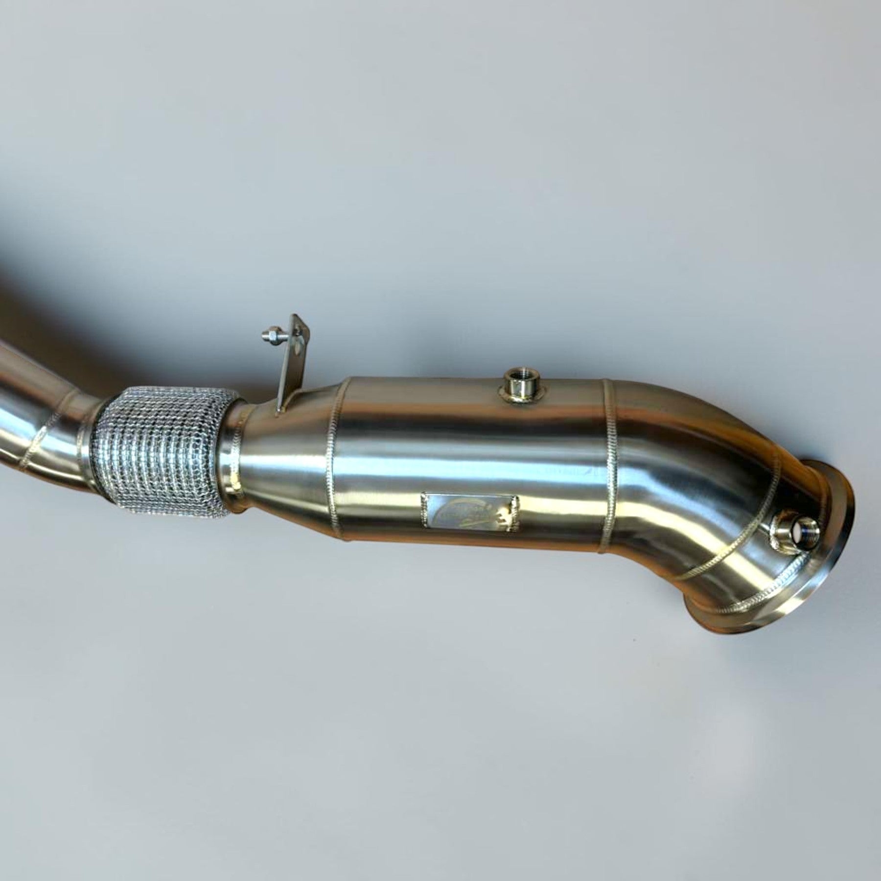Palenon Performance 5-inch stainless steel racing downpipe for BMW B58TU2 engines with TIG-welded flex joint.