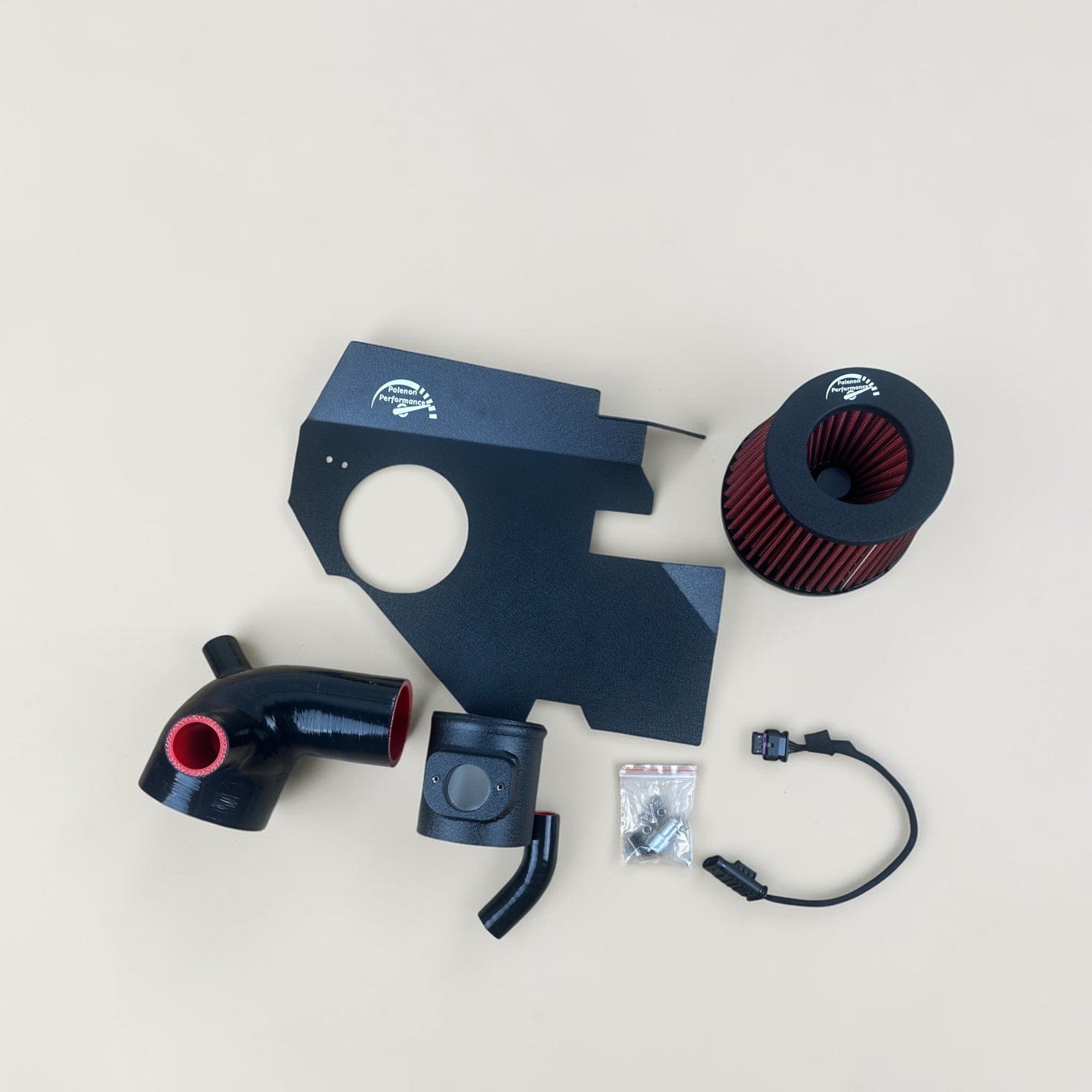 Palenon Performance cold air intake kit for BMW F10 535i with black aluminum pipe, heat shield, and red air filter.