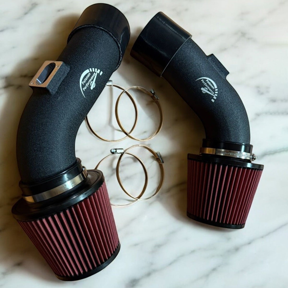 Palenon Performance dual cone cold air intake system for BMW F10 M5 and F12 M6 with matte black pipes and red filters