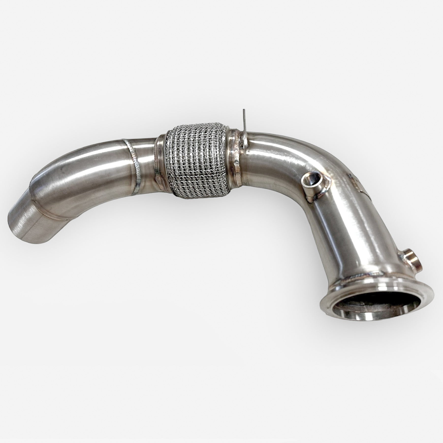 Palenon Performance stainless steel race downpipe for BMW S63 engines featuring a flexible mesh section and O2 bungs.