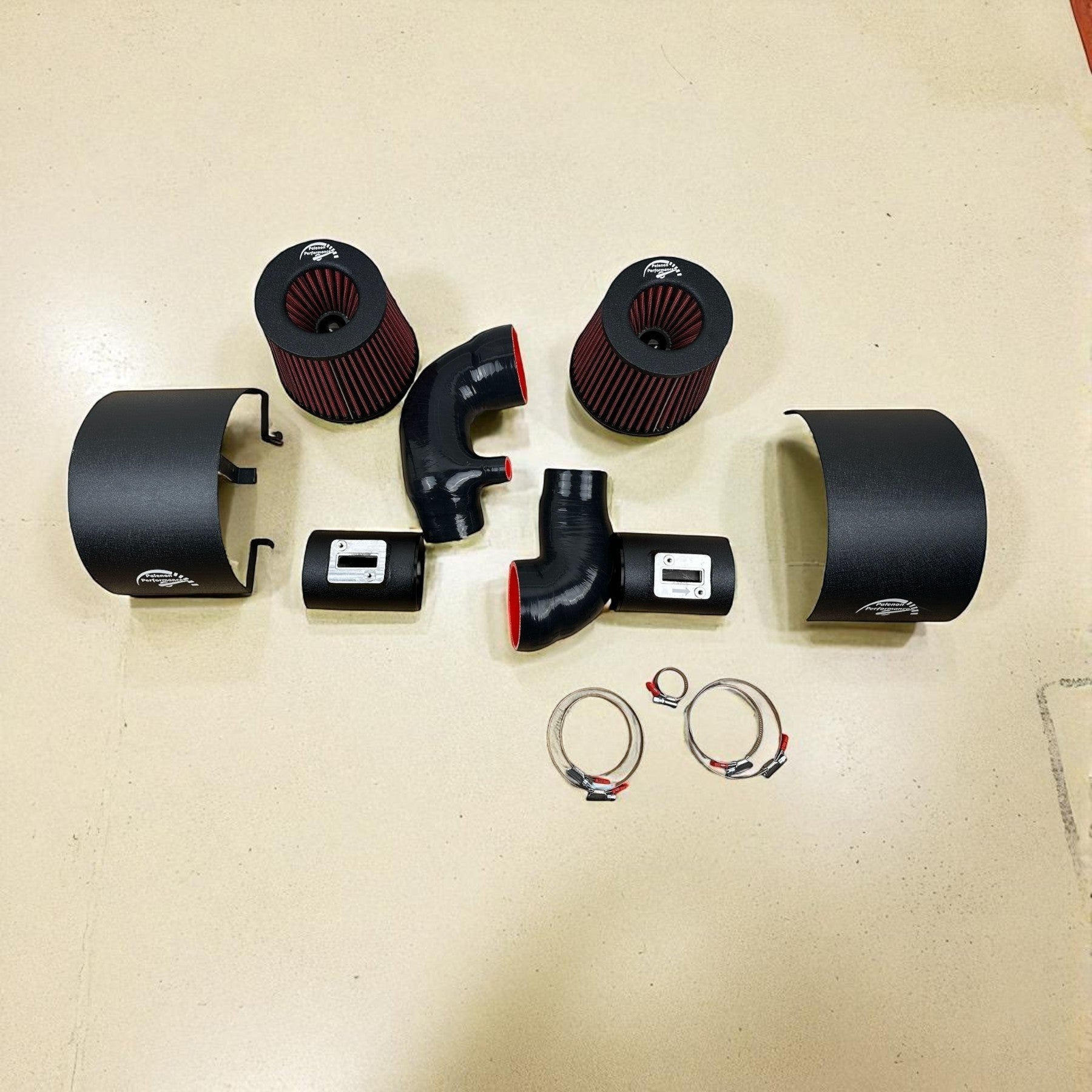 Palenon Performance cold air intake kit for Infiniti Q50 and Q60 with black heat shields, aluminum piping, and filters.
