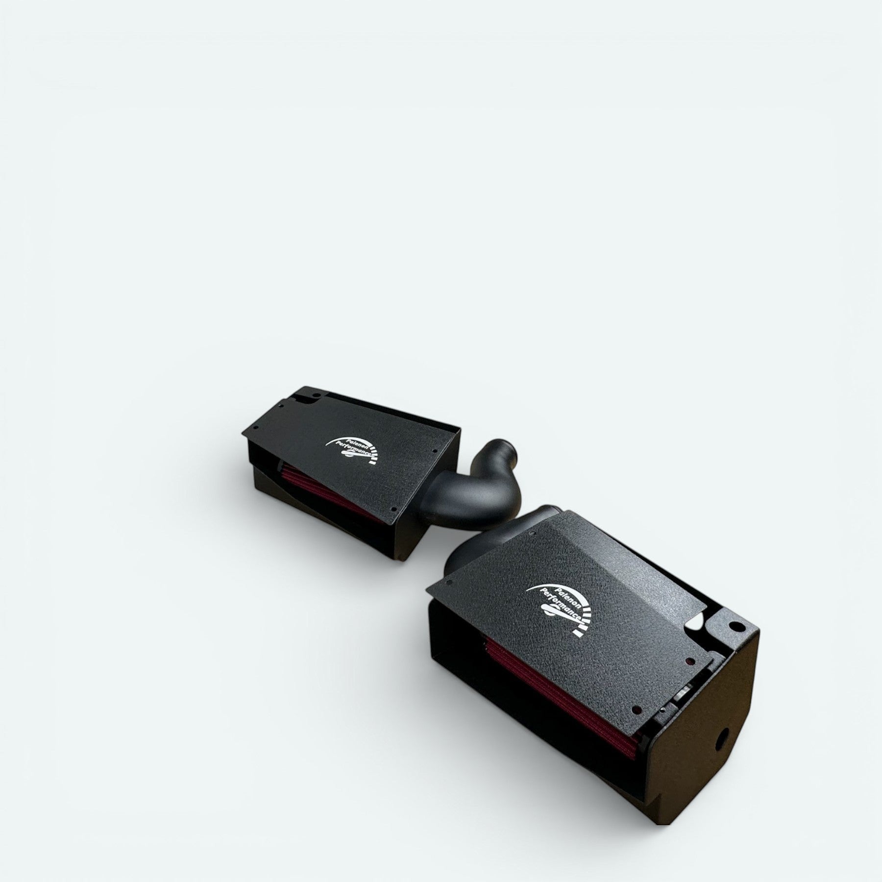 Palenon Performance dual cold air intake system for Mercedes M177 engines with black heat shields and red air filters.