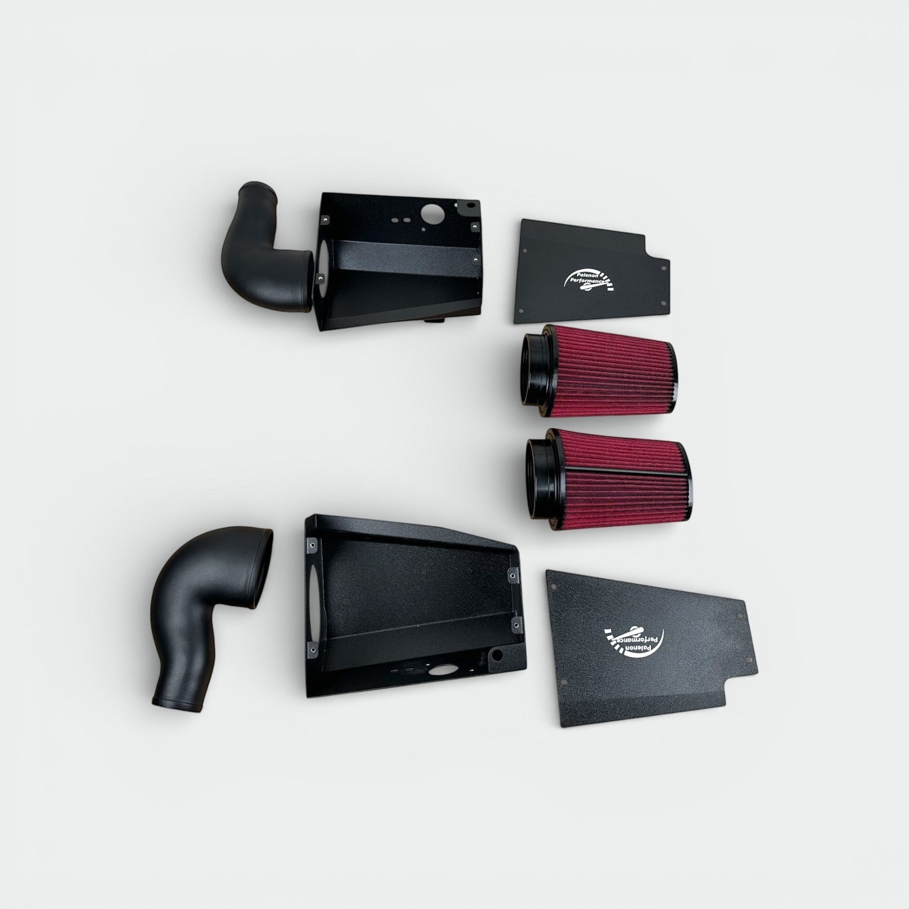 Palenon Performance dual cold air intake kit for Mercedes M177 engine with black heat shields and red air filters