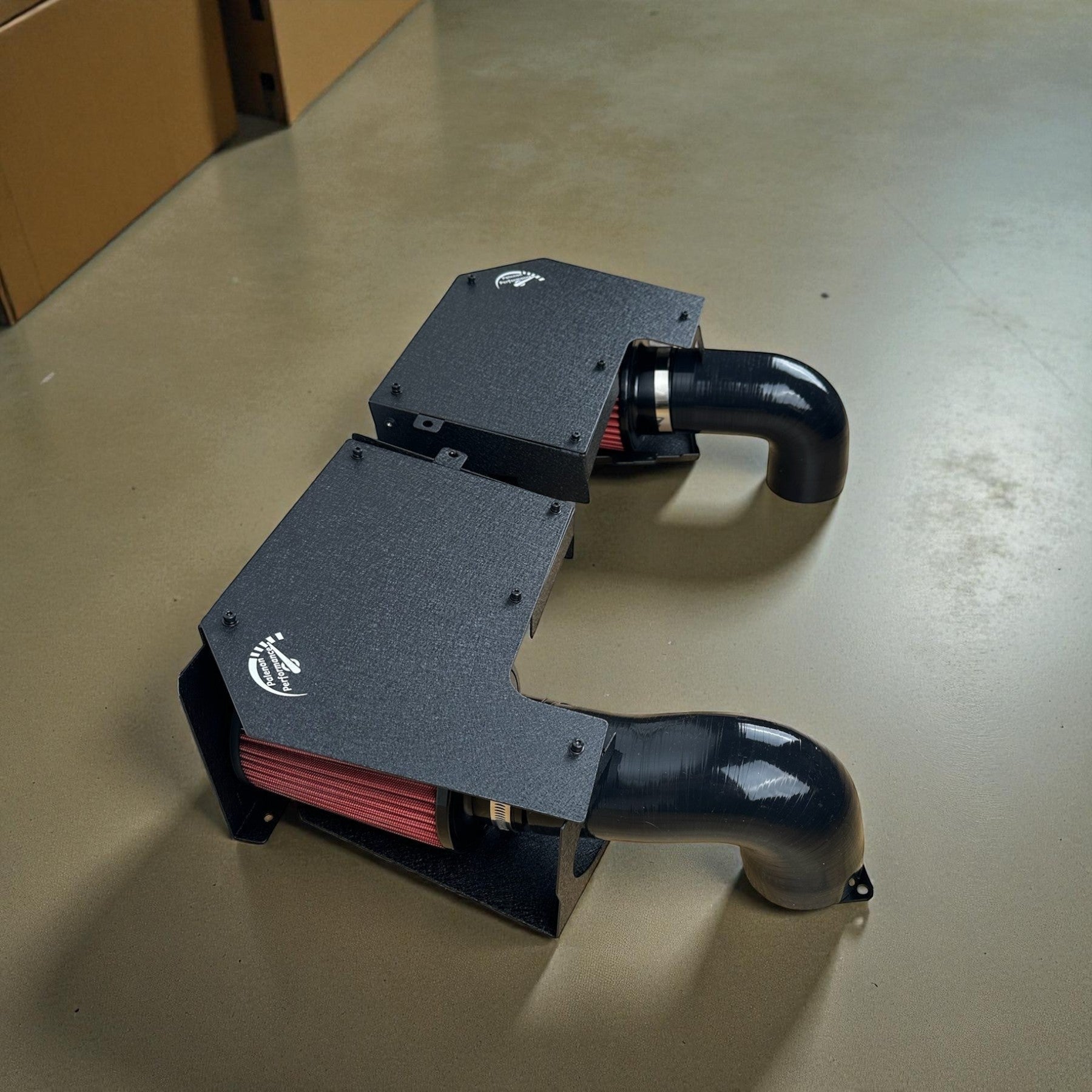 Palenon Performance dual cold air intake system with black aluminum heat shields and red filters for Mercedes M276