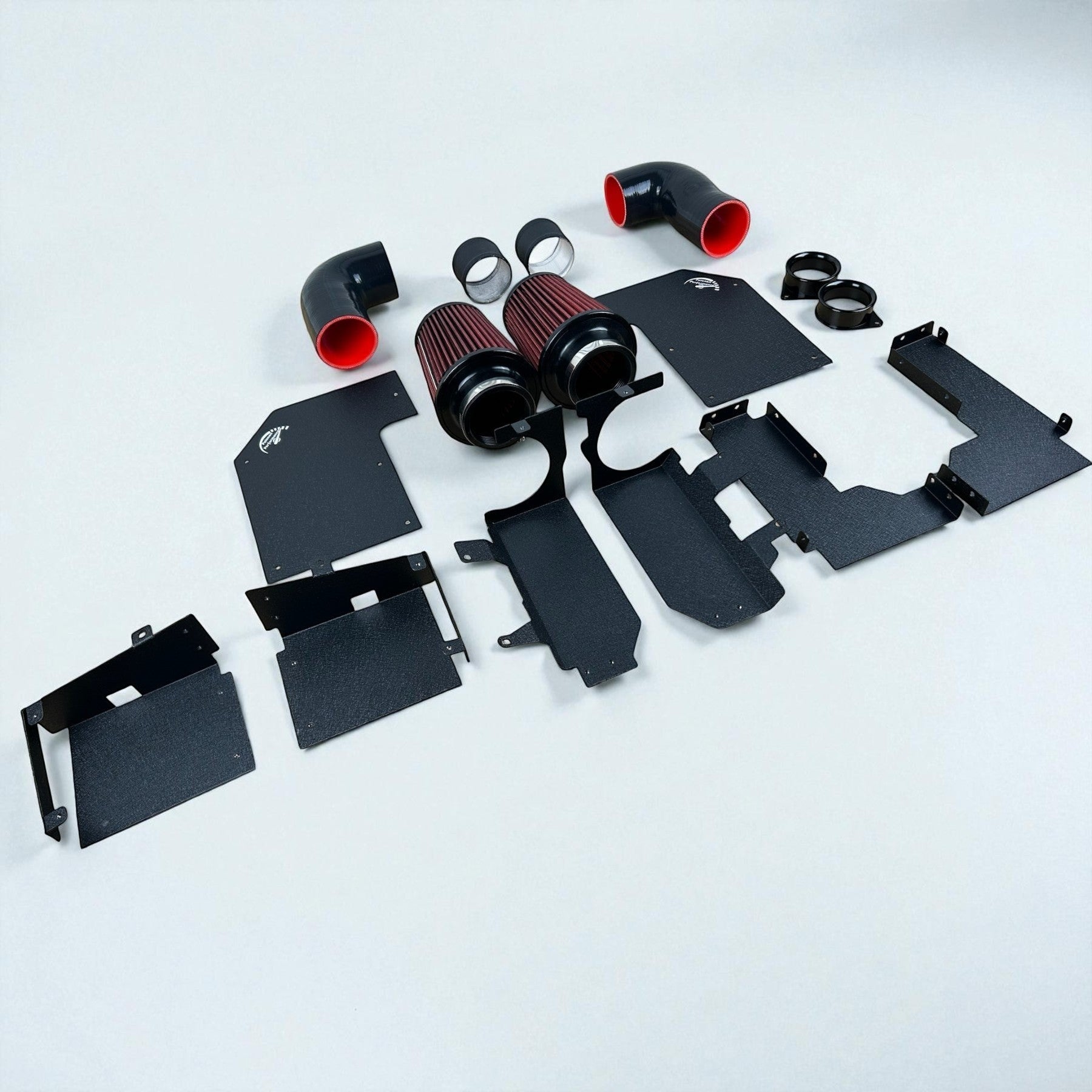 Palenon Performance dual cold air intake kit for Mercedes M276 engines with black heat shields and red air filters.