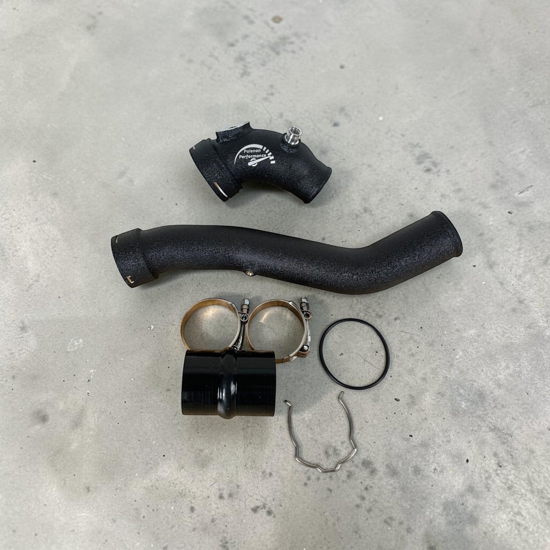 Palenon Performance aluminum N55 charge pipe kit in wrinkle black with silicone connector and stainless steel clamps.
