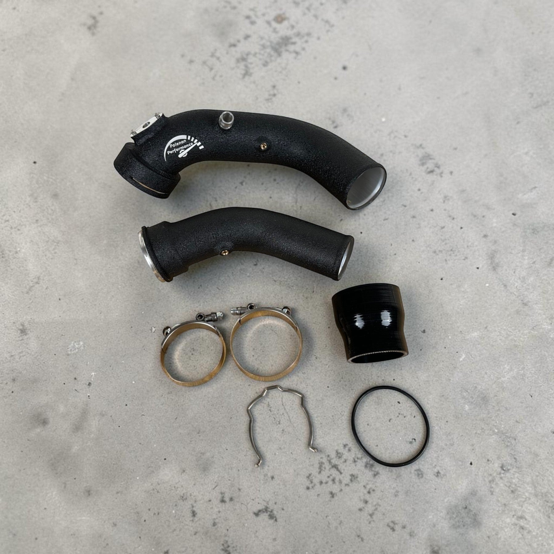 Palenon Performance N55 aluminum charge pipe kit in wrinkle black with silicone coupler, clamps, and hardware.