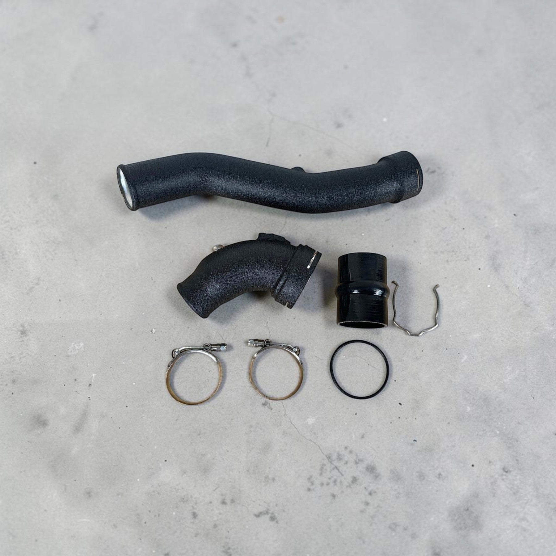 Palenon Performance aluminum N55 charge pipe kit in wrinkle black finish with silicone coupler and hardware
