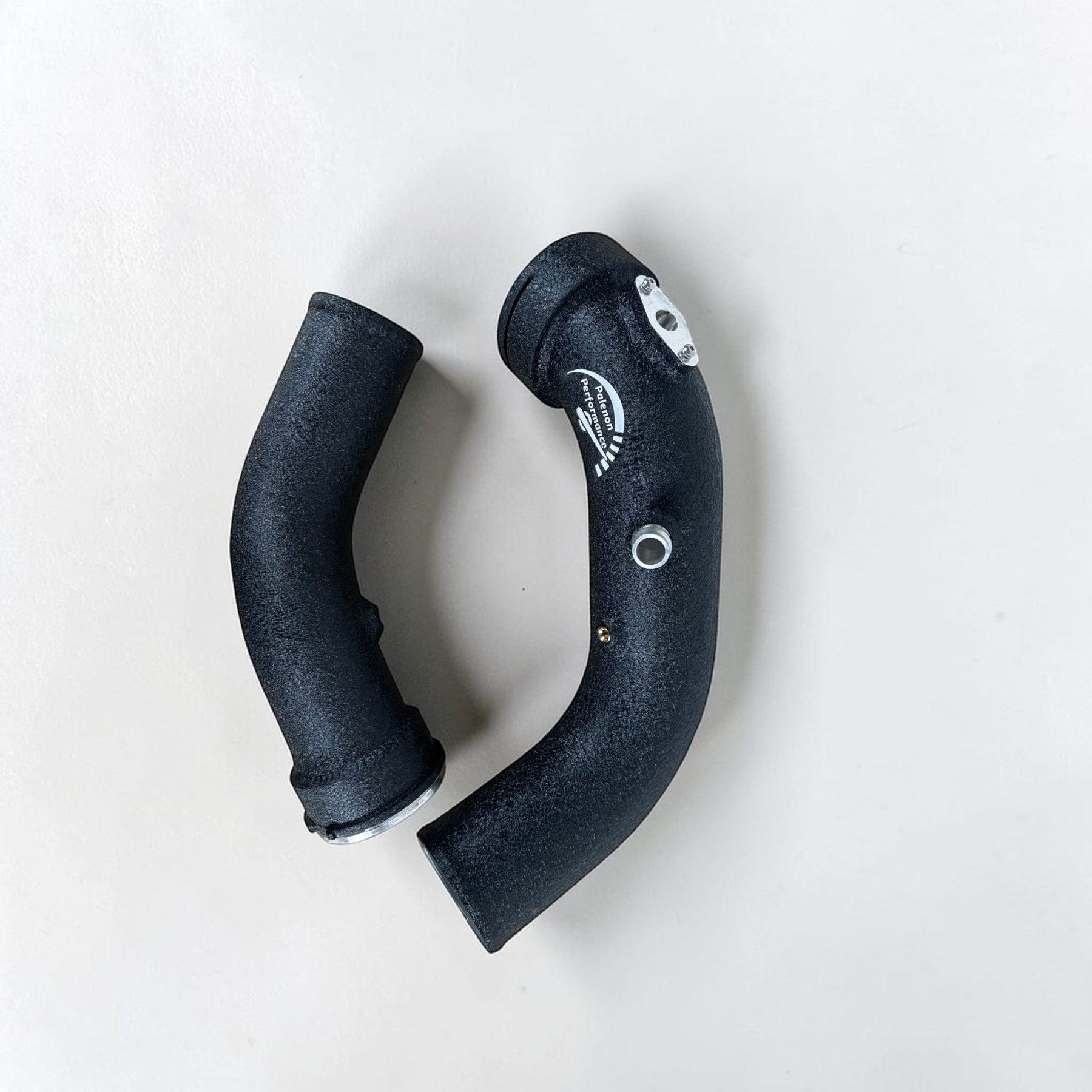 Palenon Performance wrinkle black aluminum charge pipes for BMW N55 engines with CNC-machined flanges.