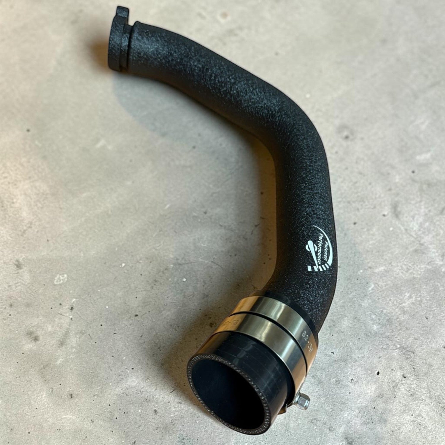 Palenon Performance aluminum charge pipe for BMW S55 engines with a durable wrinkle black powder coat finish.
