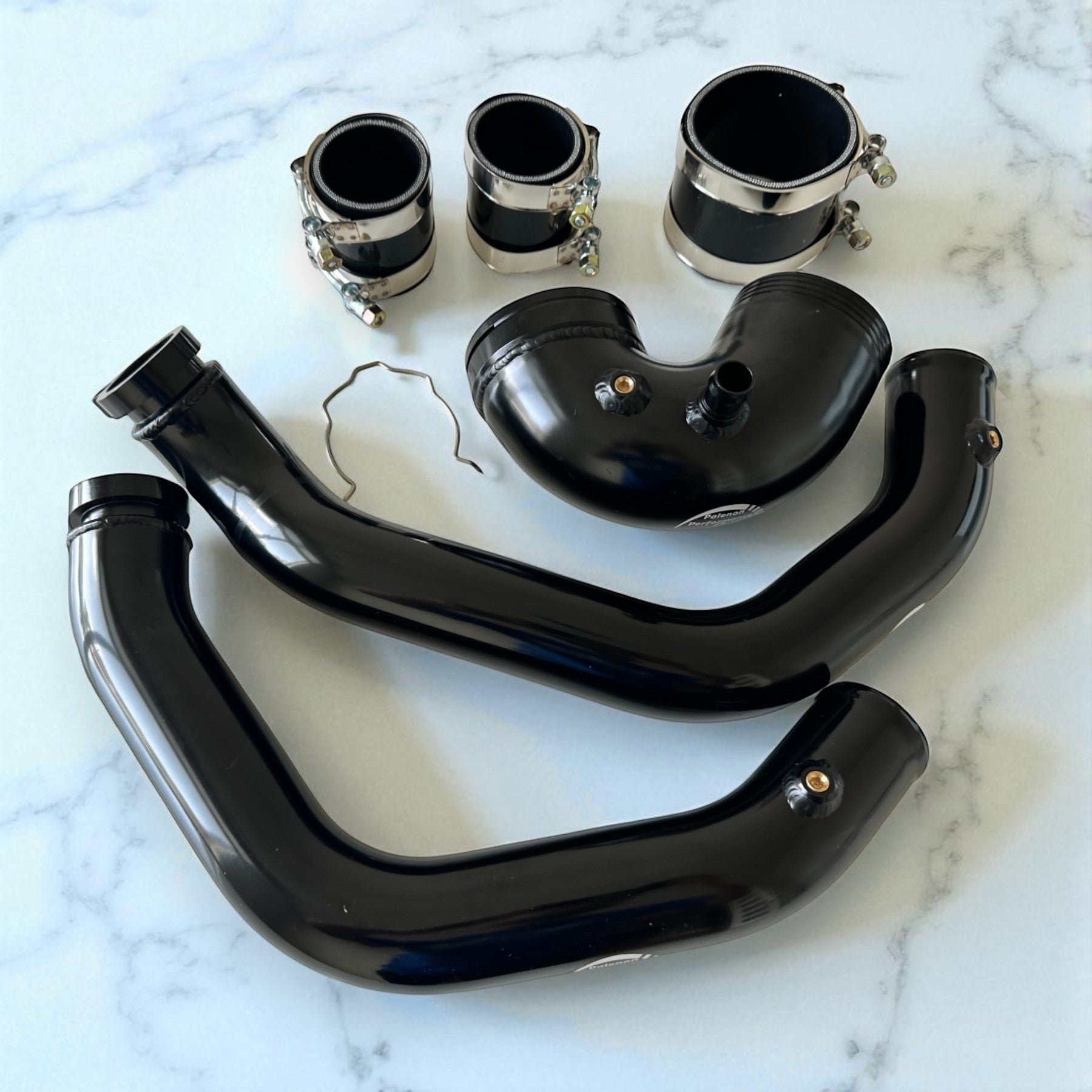 Palenon Performance aluminum charge pipes in wrinkle black finish for BMW S55 engines with silicone couplers and clamps