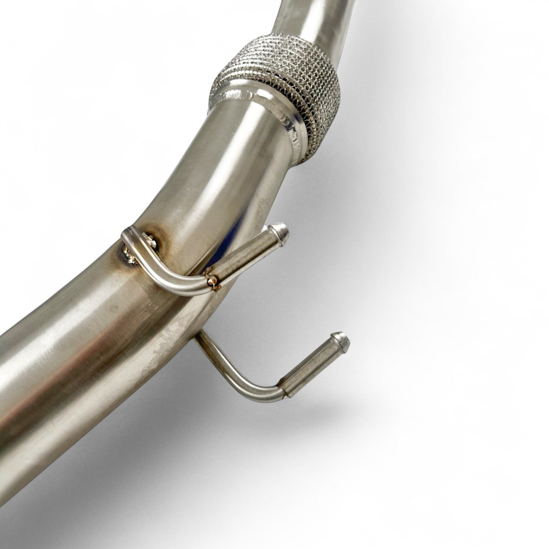 Palenon Performance stainless steel race downpipe featuring a flex section and precision mounting brackets
