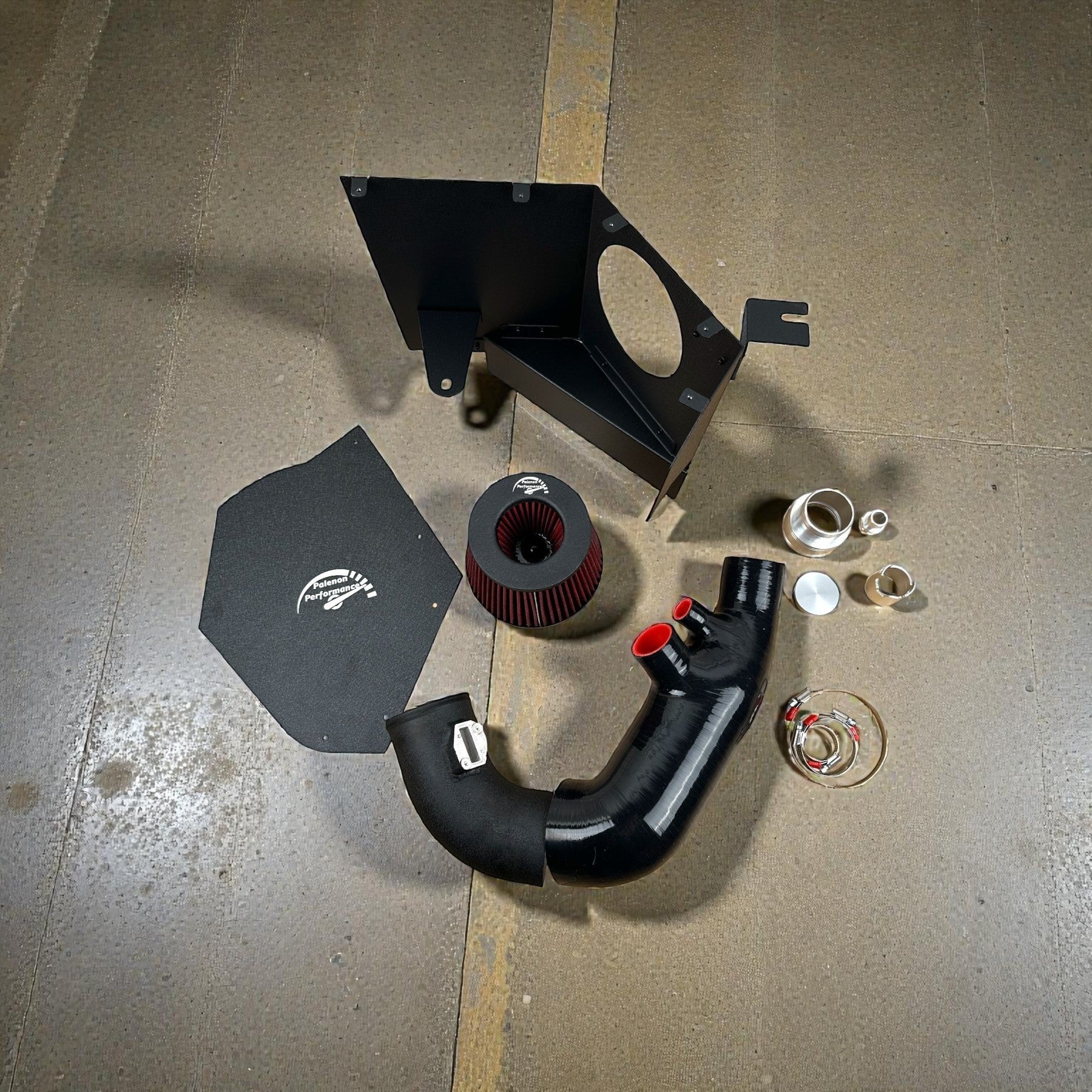 Palenon Performance cold air intake kit for Toyota Supra 2.0T including black aluminum pipe, air filter, and heat shield.