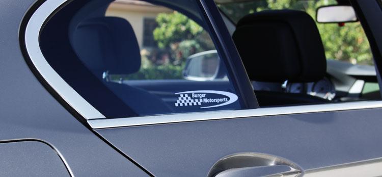 Burger Motorsports Logo Sticker Sheet on car side glass