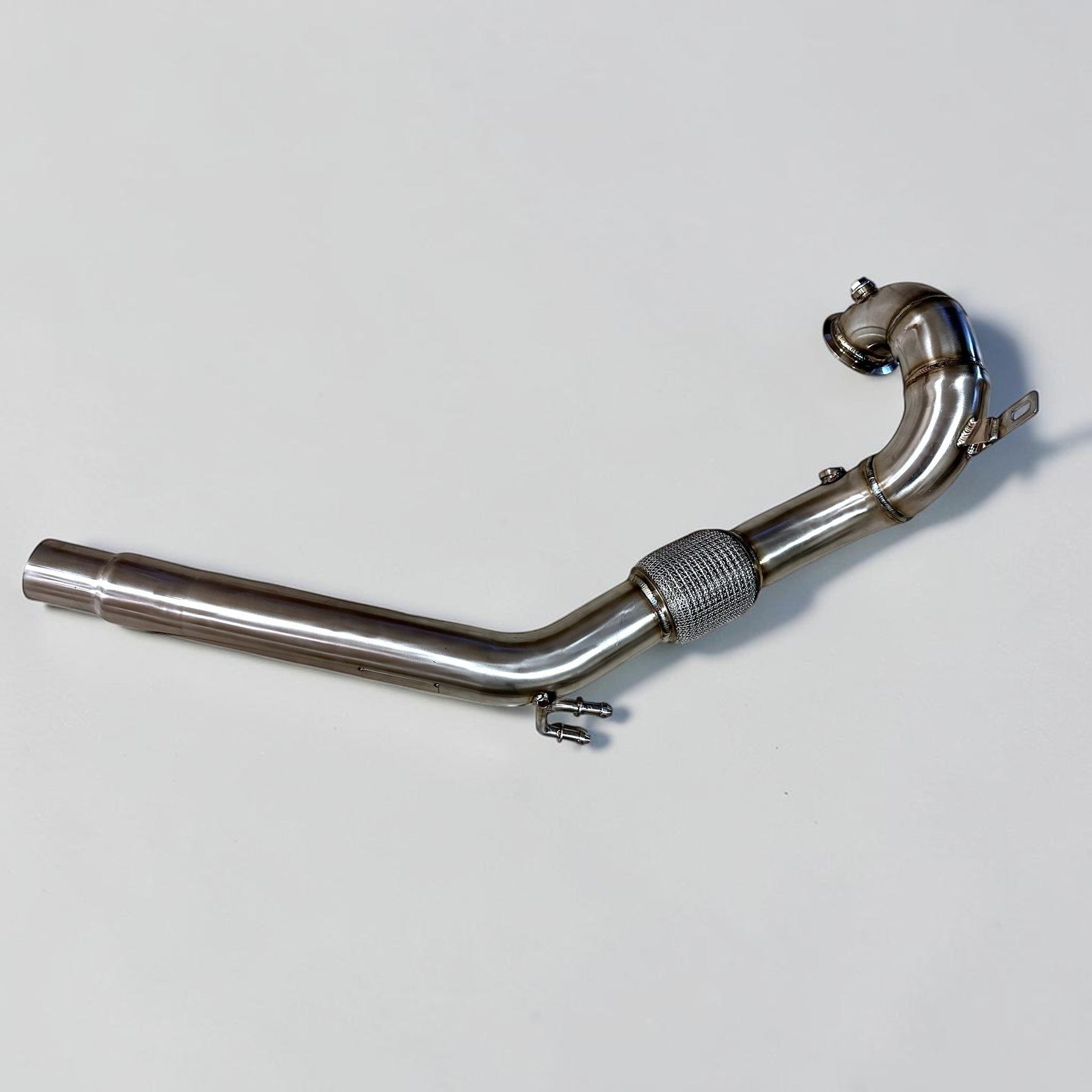 Palenon Performance T304 stainless steel race downpipe for Audi A3 8V featuring a flex section and TIG-welded finish.