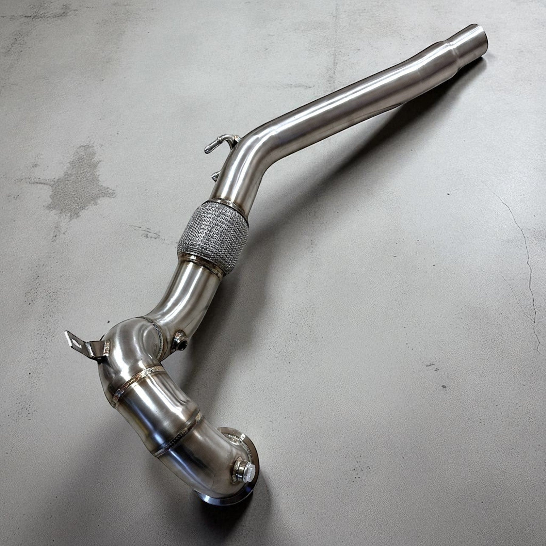 Palenon Performance stainless steel race downpipe for Audi A3 8V featuring TIG-welded construction and flex section.
