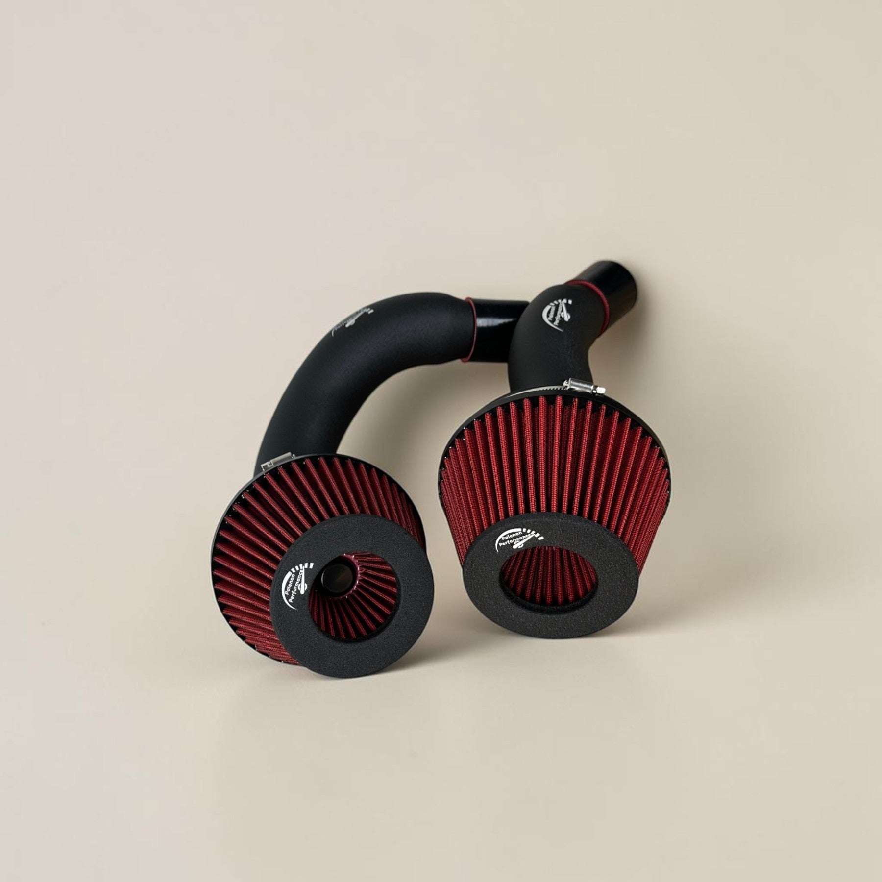 Palenon Performance cold air intake system with red velocity stack filters and black aluminum pipes for Audi 4.0T V8