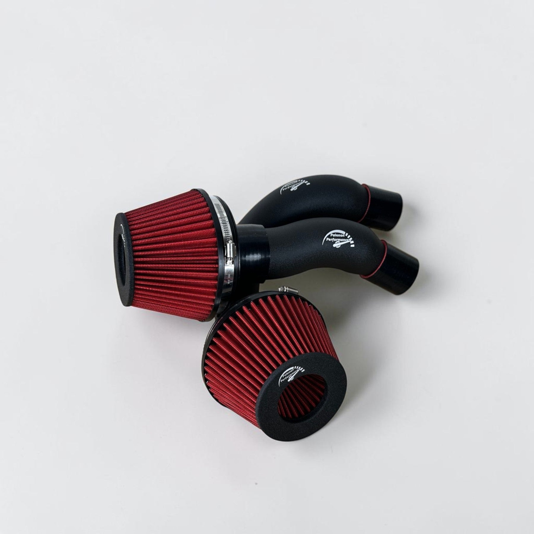 Palenon Performance cold air intake system with red cone filters and black aluminum pipes for Audi 4.0T engines.