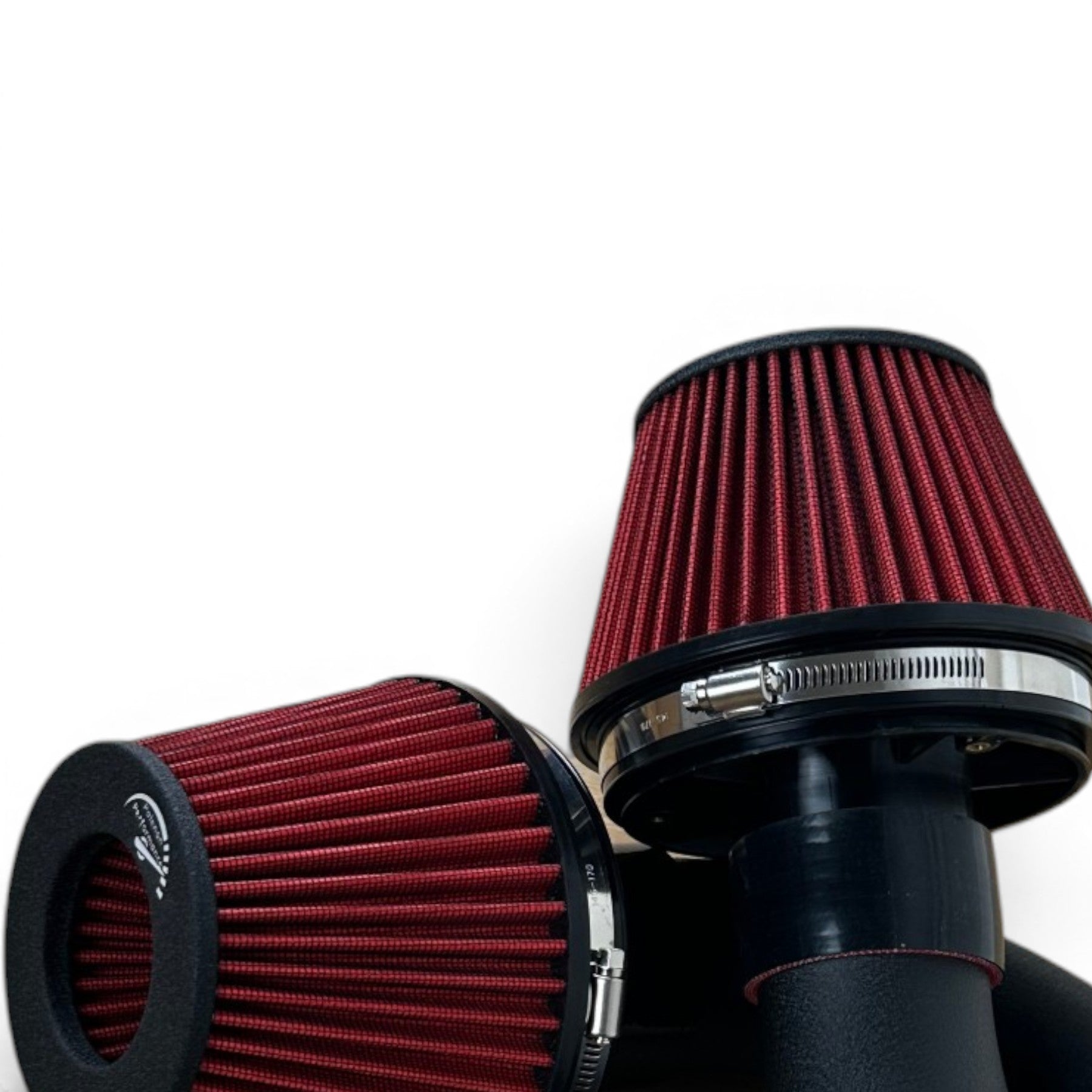 Palenon Performance cold air intake system featuring two red high-flow cone filters and black aluminum piping.