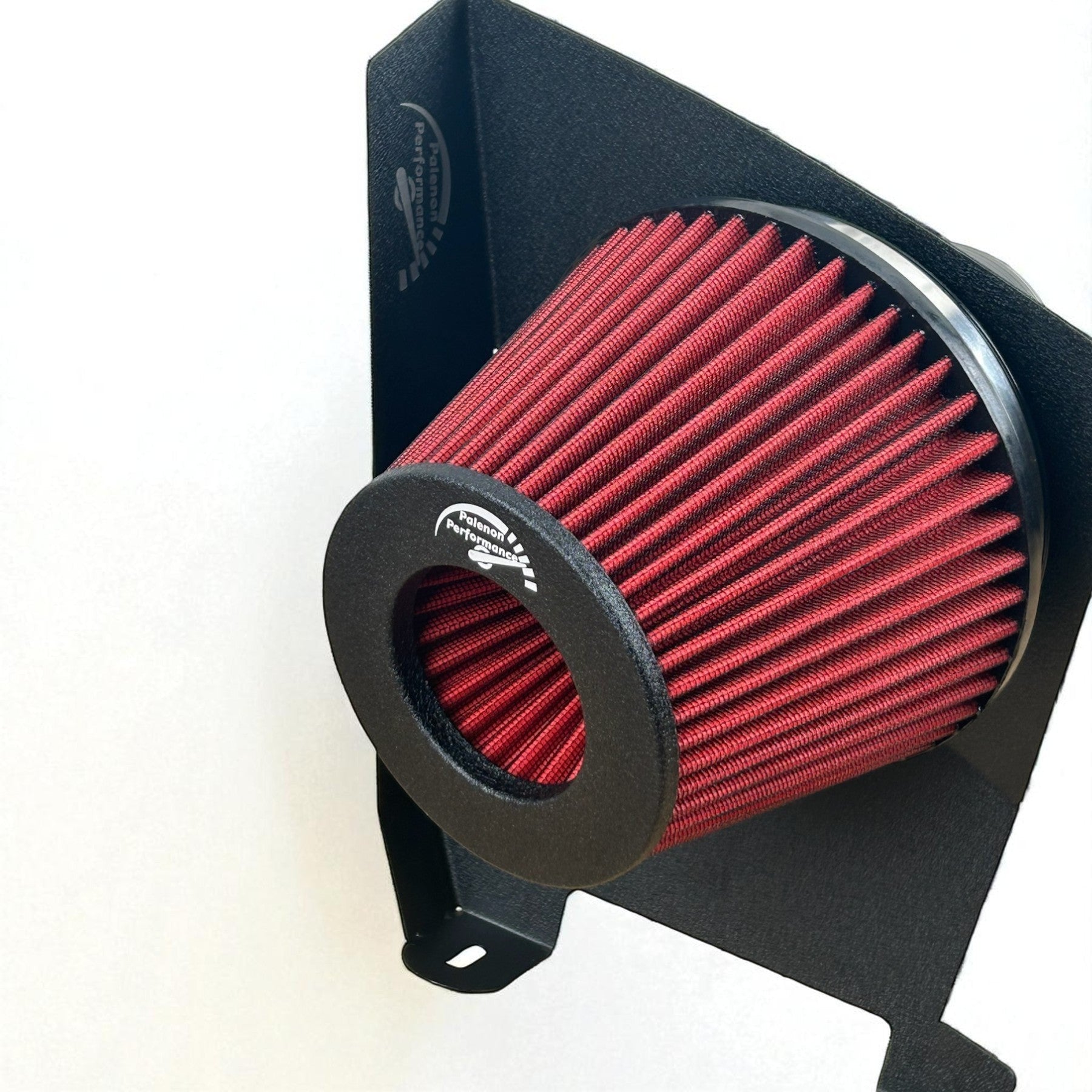 Palenon Performance cold air intake system with a red high-flow cone filter and black metal heat shield for Audi B9