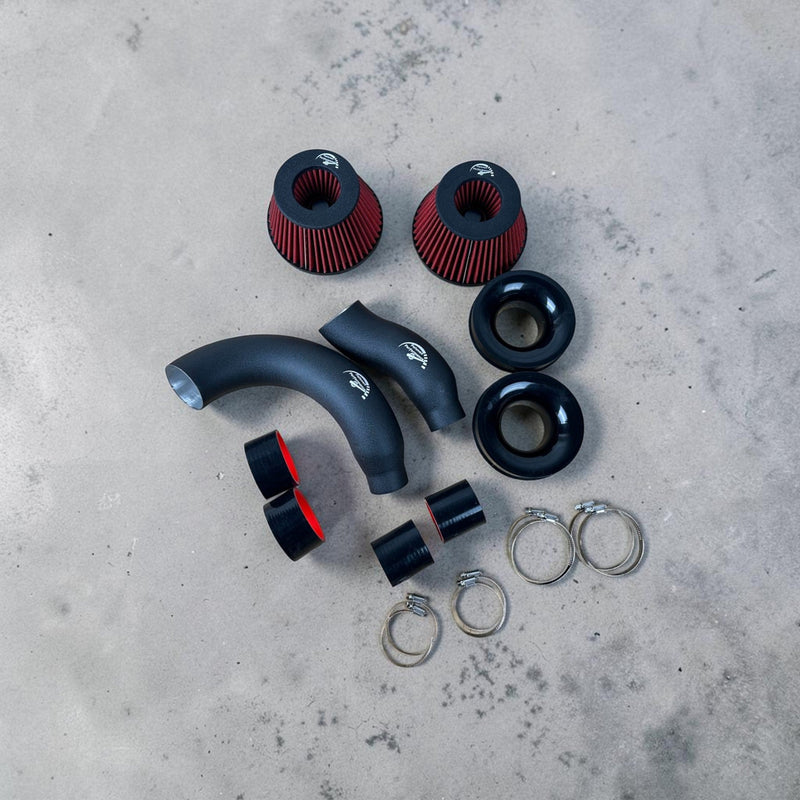 Palenon Performance cold air intake kit for Audi 4.0T featuring red cone filters, black aluminum pipes, and couplers.