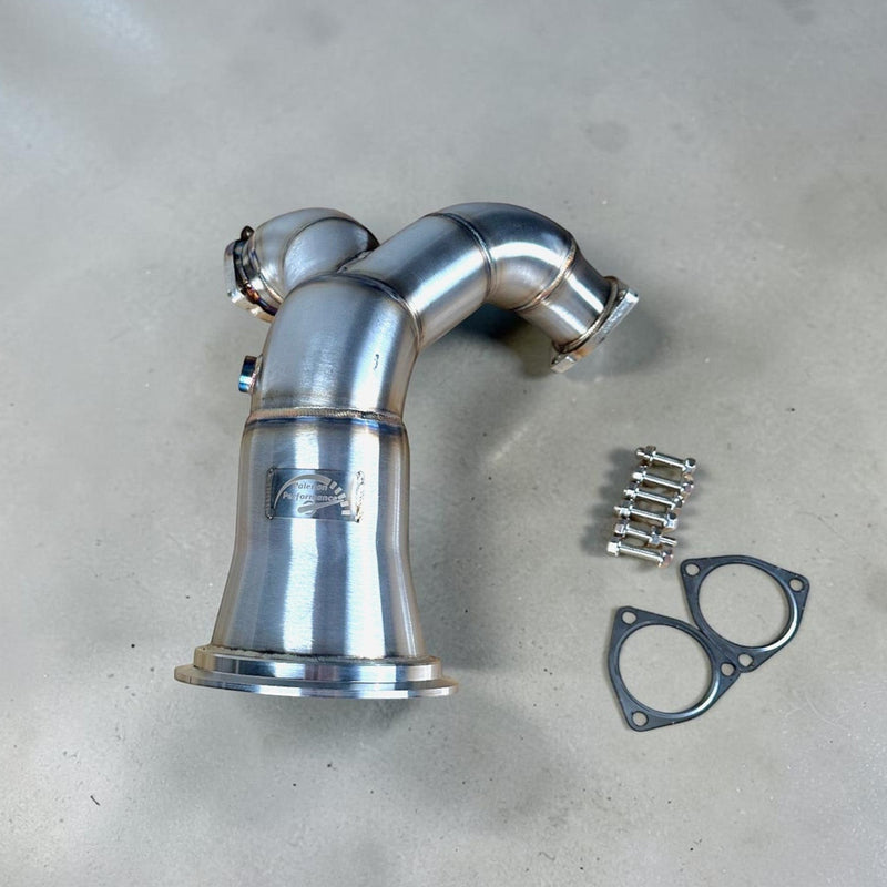 Palenon Performance stainless steel racing downpipe for Audi S4 and S5 with included mounting hardware and gaskets.
