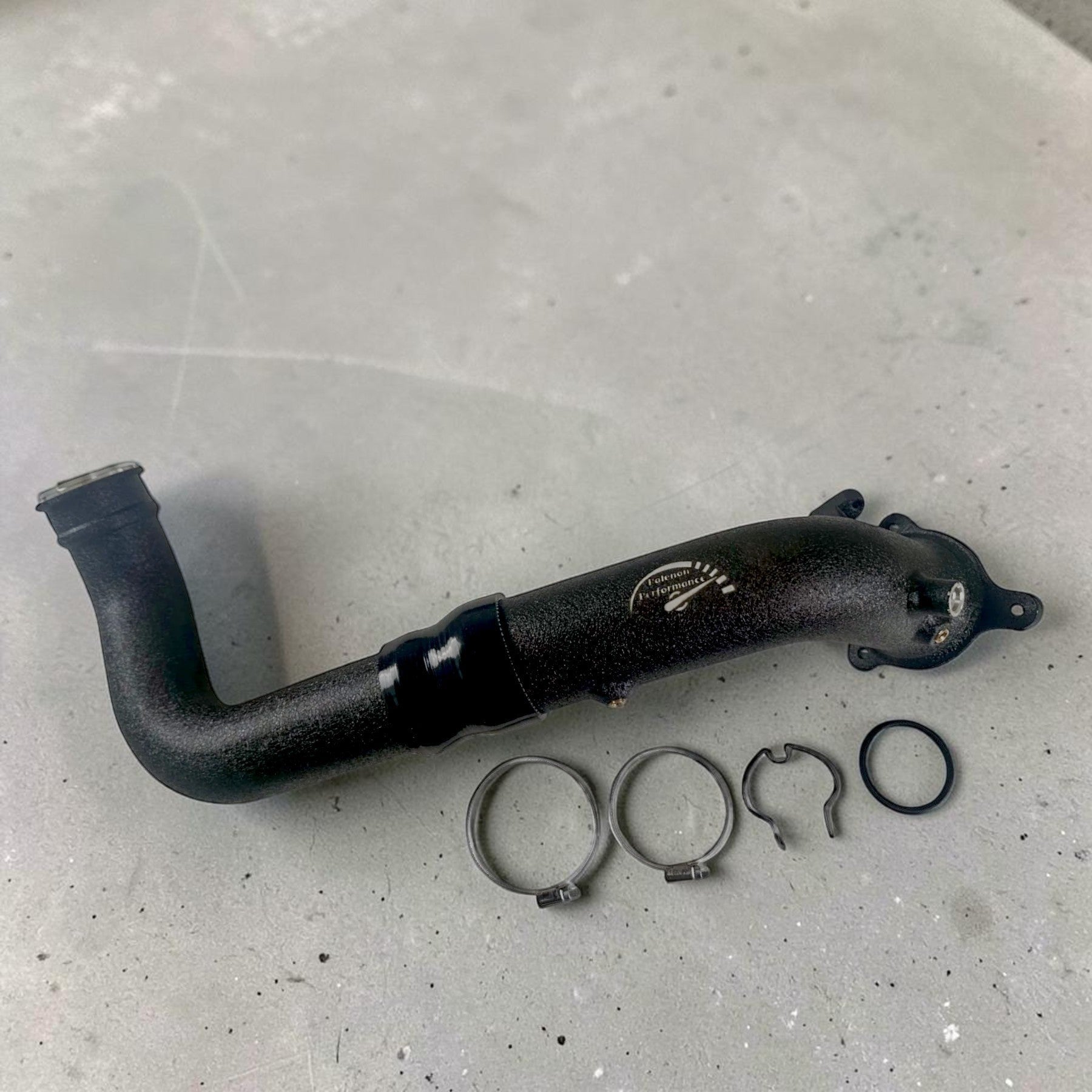 Palenon Performance black powder-coated aluminum charge pipe for BMW B46 and B48 engines with mounting hardware