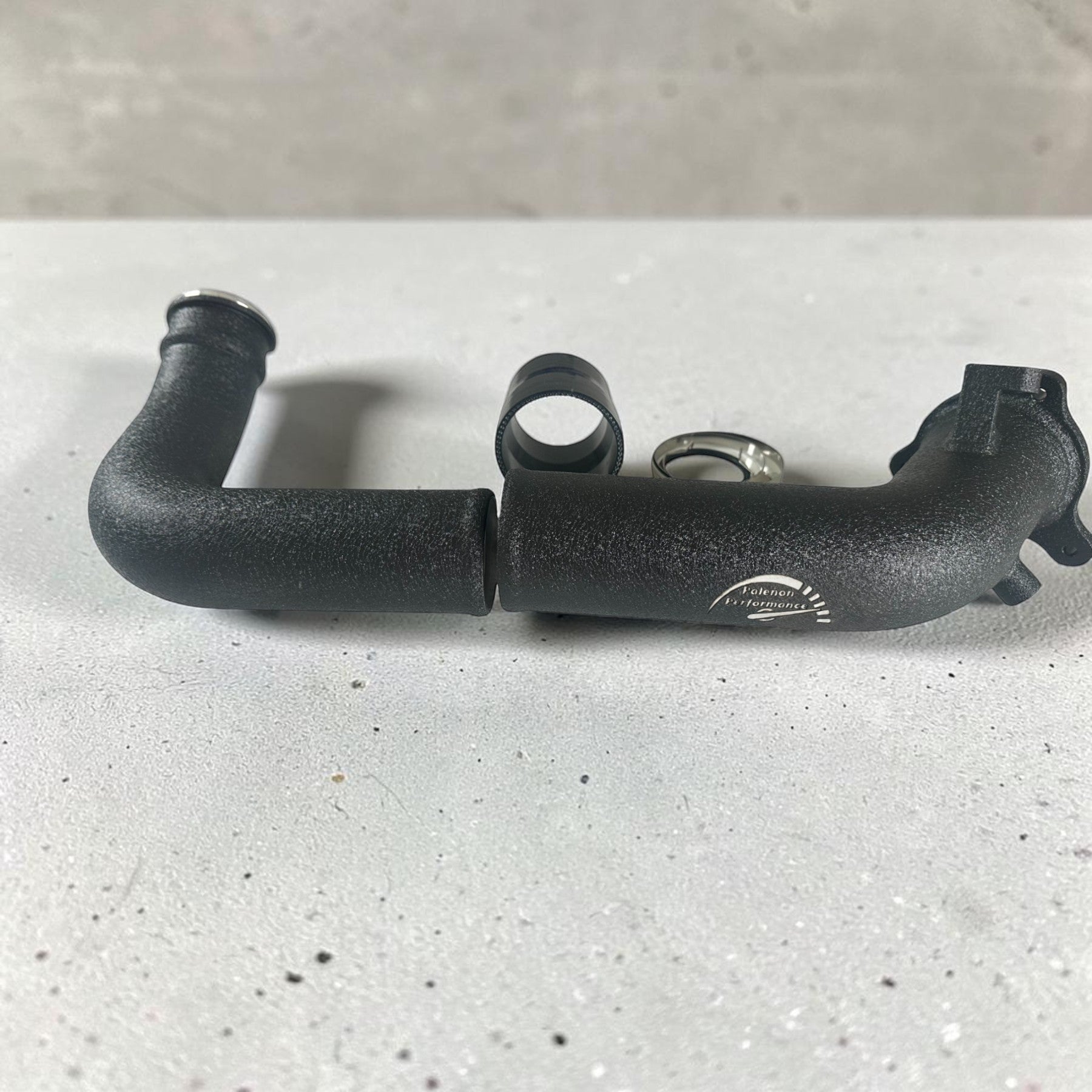 Palenon Performance black aluminum charge pipe for BMW B46 and B48 engines with textured powder coat finish