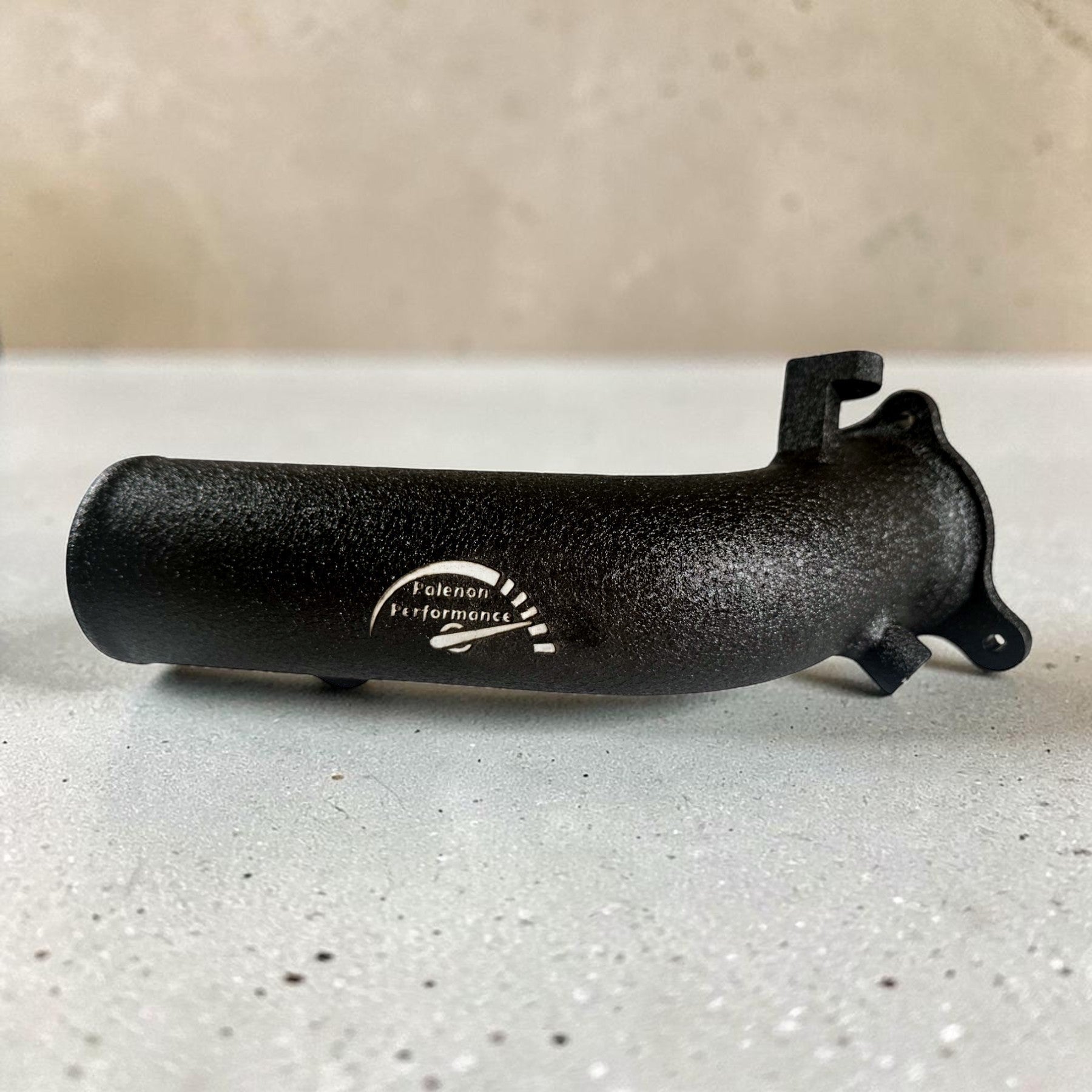 Palenon Performance black powder-coated aluminum charge pipe for BMW B46 and B48 engines with logo branding.