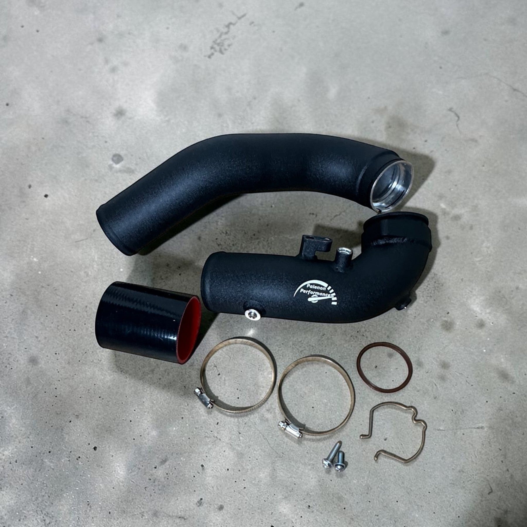 Palenon Performance B58 aluminum charge pipe kit in wrinkle black with silicone coupler, clamps, and hardware.