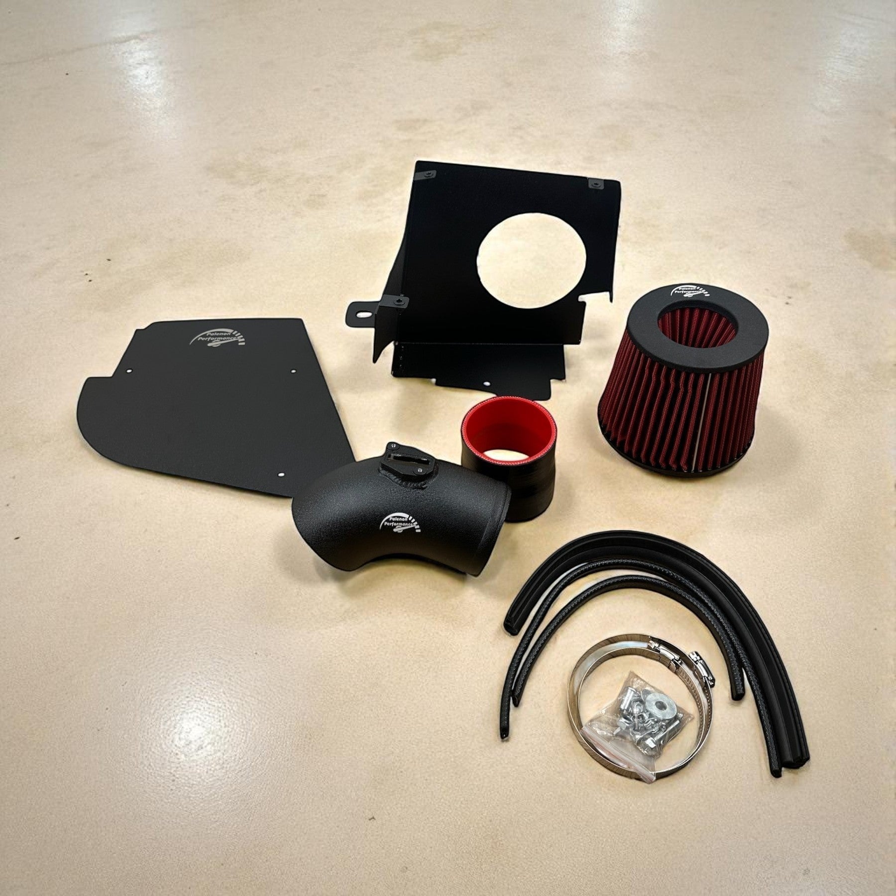Palenon Performance B58 cold air intake kit with black aluminum pipe, red air filter, heat shield, and mounting hardware.