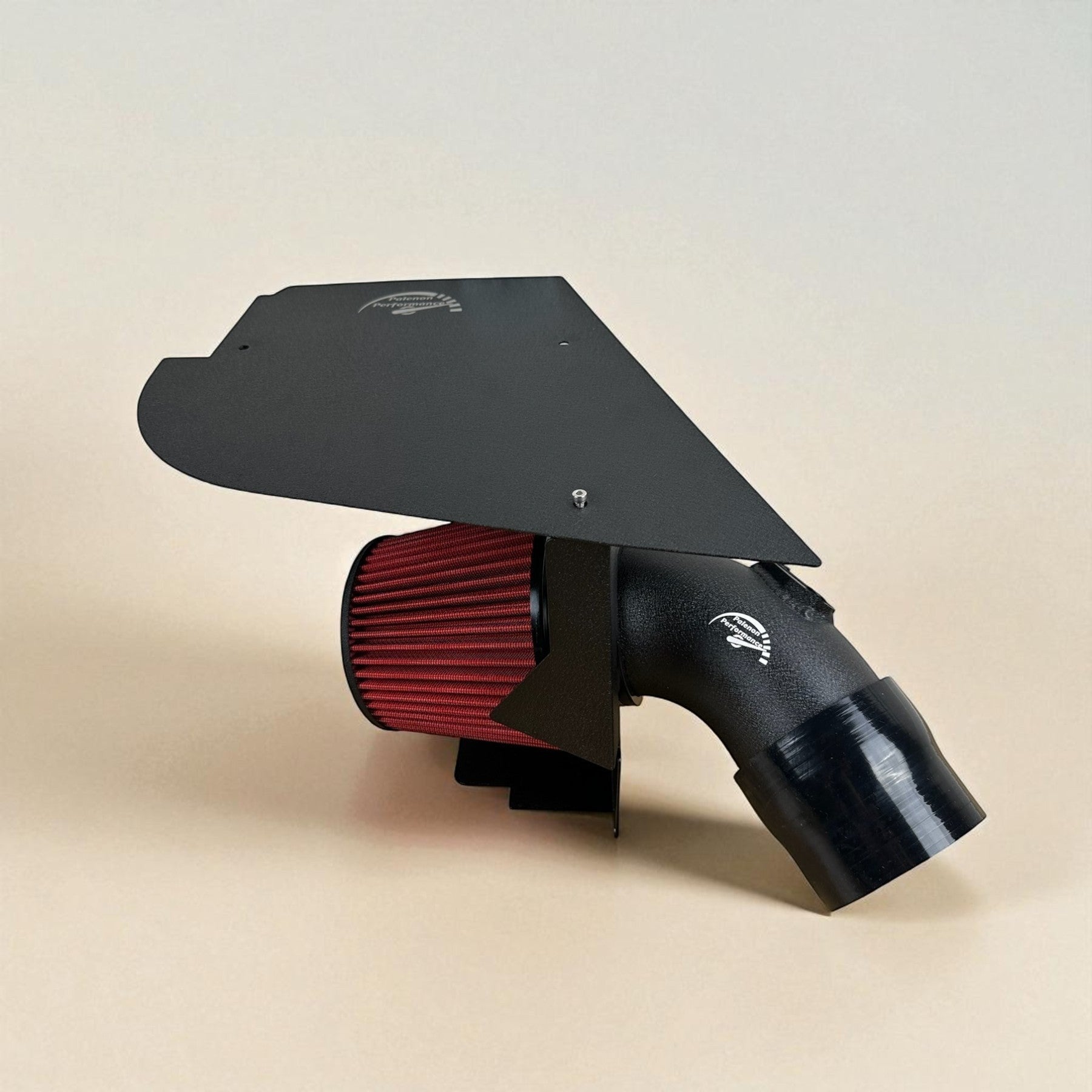 Palenon Performance B58 cold air intake system with black aluminum pipe, red air filter, and heat shield for BMW.