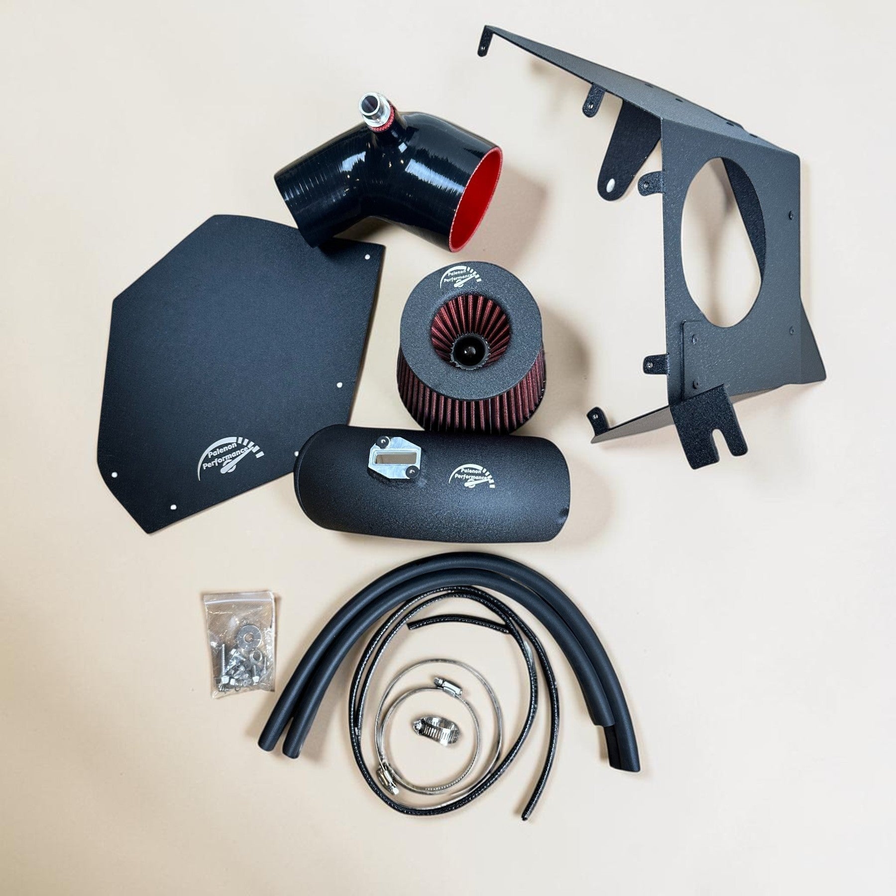 Palenon Performance B58 cold air intake kit with black powder-coated aluminum pipe, heat shield, and air filter.