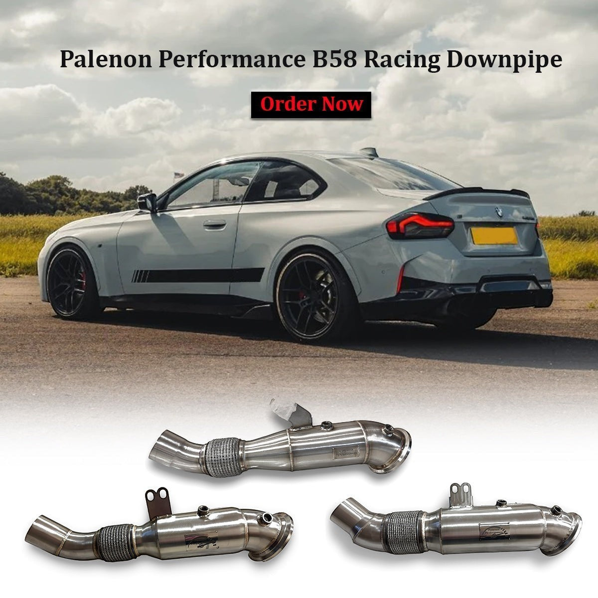 Palenon Performance B58 stainless steel racing downpipes for BMW and Supra models displayed with a performance coupe.