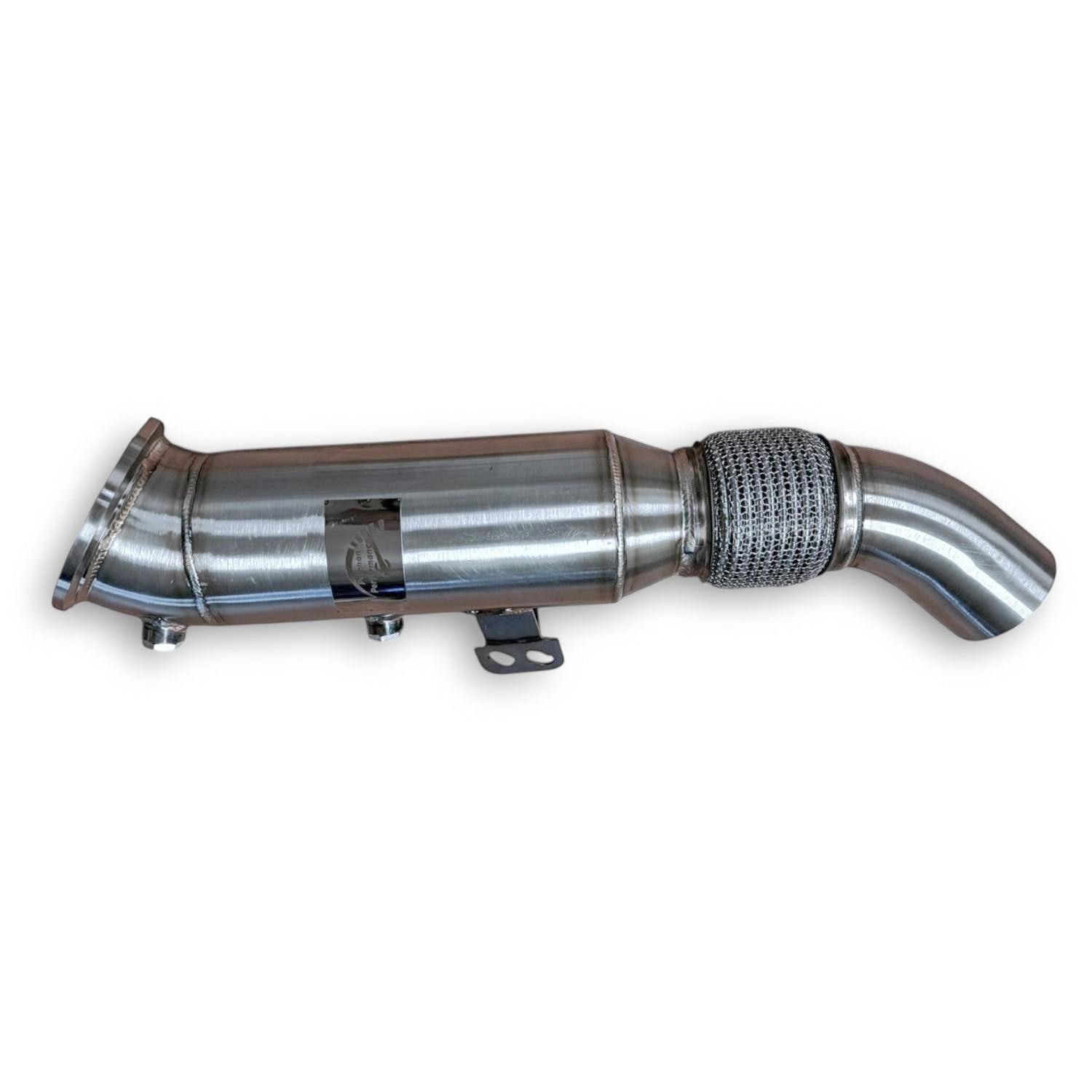 Palenon Performance 4.5-inch stainless steel racing downpipe for B58 engines with integrated flex section.
