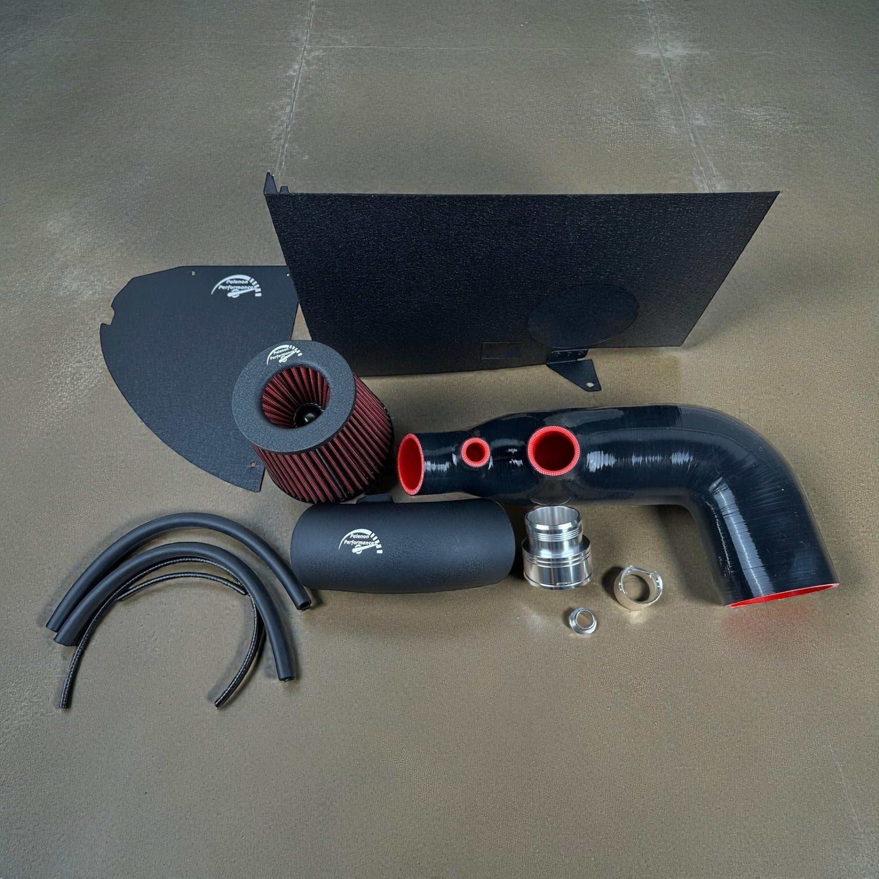 Palenon Performance cold air intake kit for BMW B48 engines, featuring black aluminum pipes, filter, and heat shield.